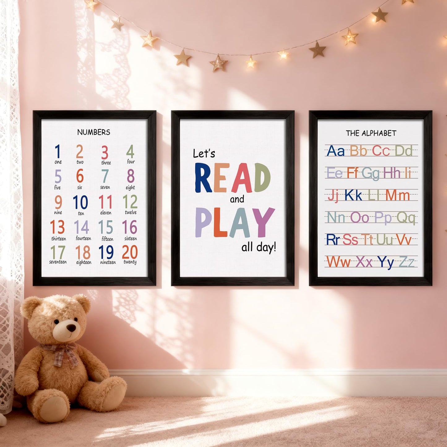 Cute Alphabet Numbers Framed Wall Art Set of 3, Educational ABC Poster Wooden Sign for Baby Girl Kid Boy Toddlers, Neutral Boho Preschool English Letters Nursery Decor for Homeschool Playroom Daycare
