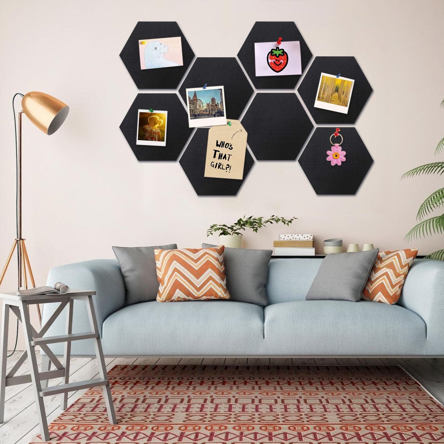8 Packs Black Hexagon Felt Pin Board, 12" Bulletin Board with 30 Push Pins, Felt Board for Home Kitchen Office Decor, Self-Adhesive Corkboard Tiles for Walls Classroom Message Photos Memos Display