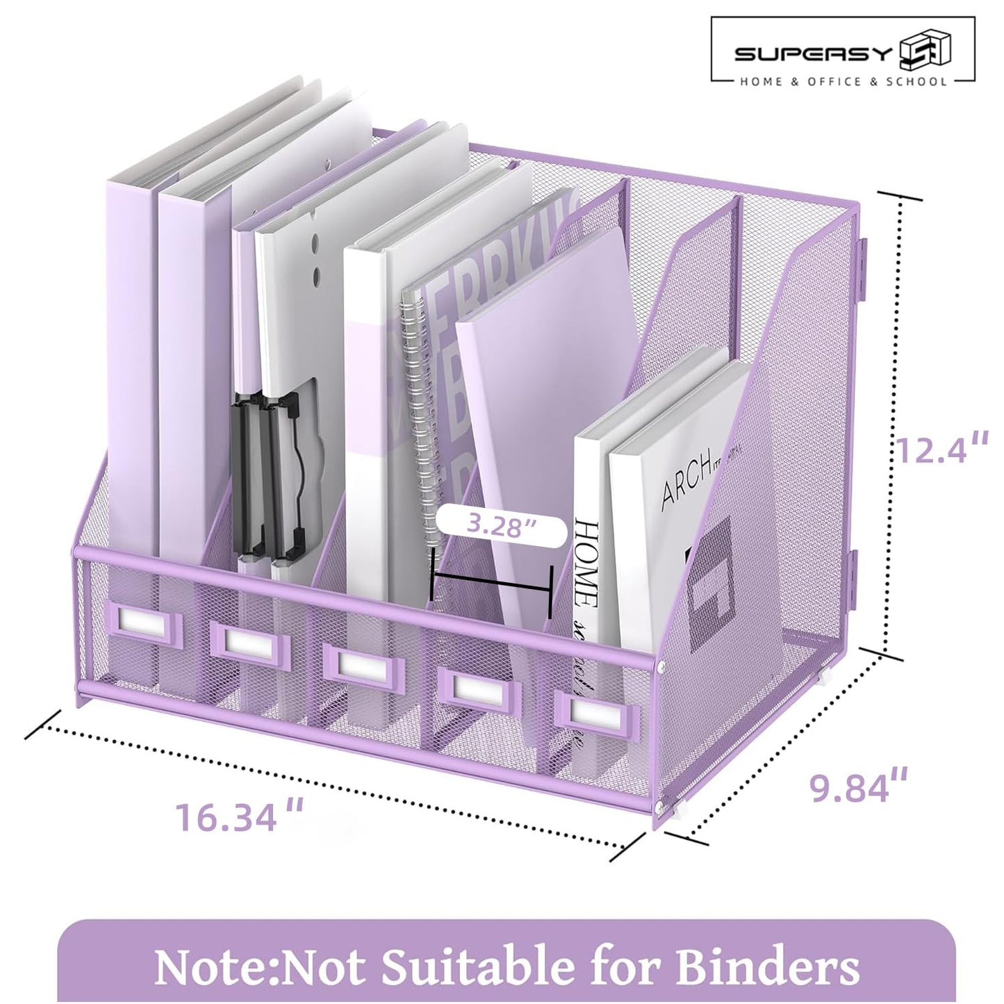 SUPEASY Desk Organizers Metal Desk Magazine File Holder with 5 Vertical Compartments Rack File Organizer for Office Desktop, Classroom, Home Workspace, Purple