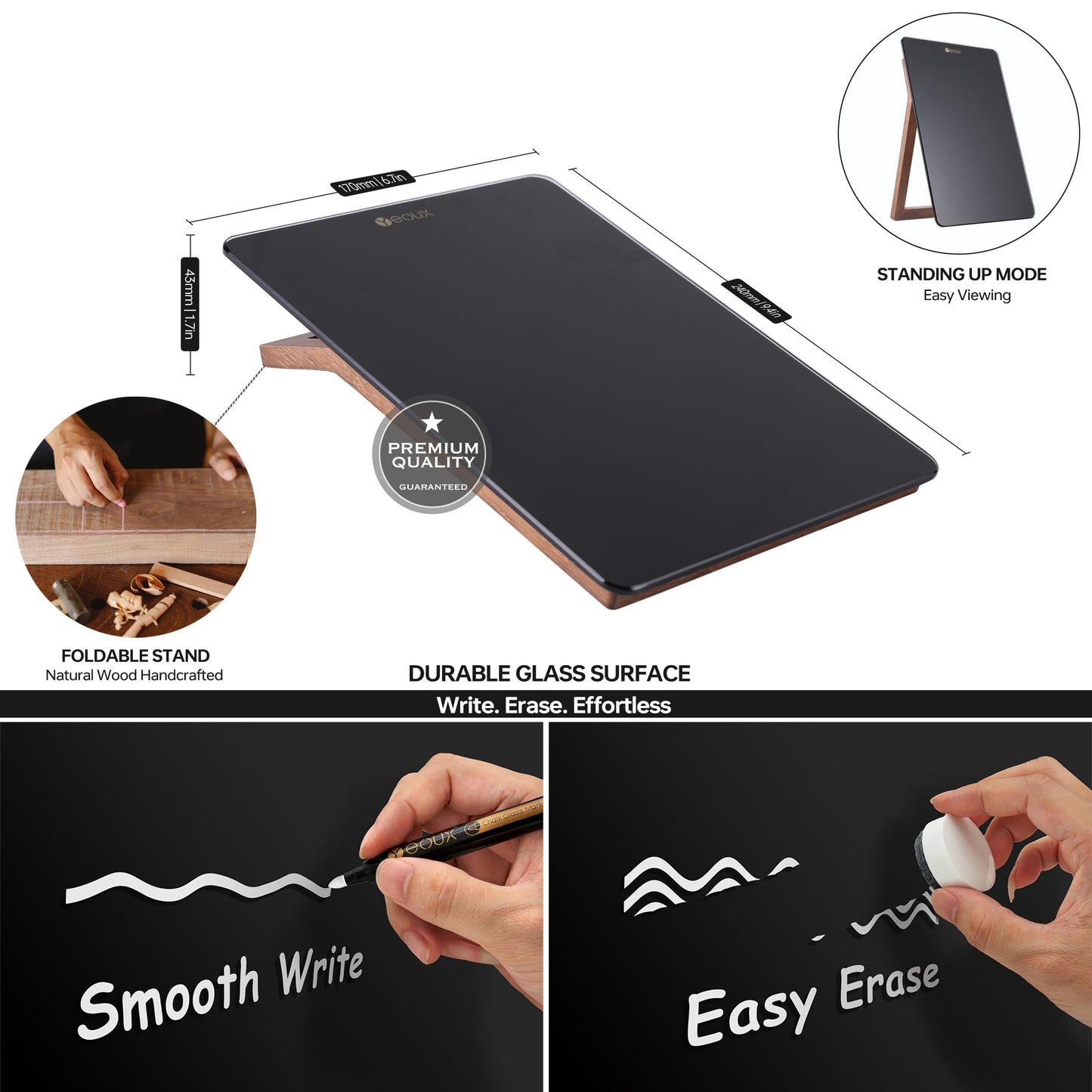 Desktop Black Glass Dry Erase Whiteboard with Reversible Wood Stand, Small Portable White Board Easel for Desk, Reusable Desk Notepad 9.5"x6.7" for Office, Home, School, Marker&Eraser Included, Yeoux
