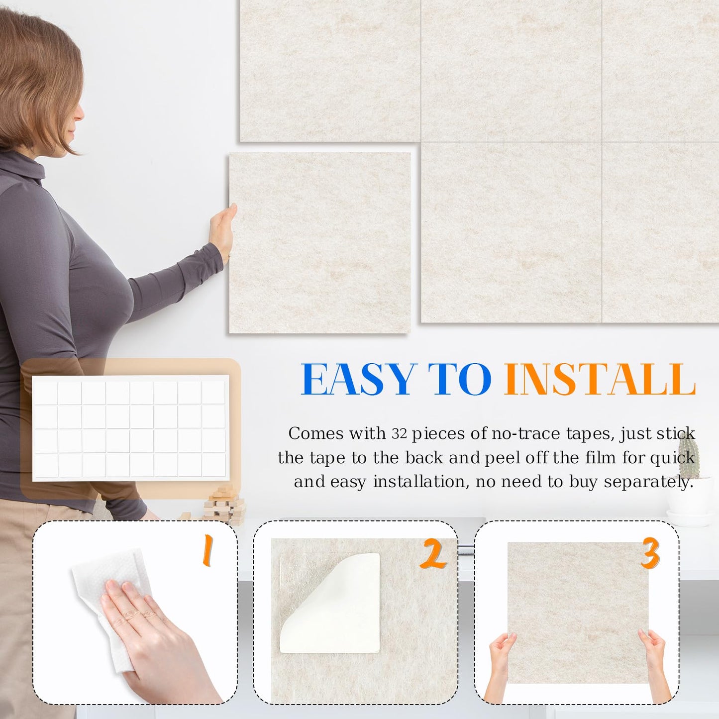 DOLLAR BOSS Felt Cork Board Tiles, 6 Packs 12" x 12" 1/2" Thick Cork Bulletin Board Adhesive Acoustic Panels Soundproof Corkboards for Walls with 60 Pushpins for Home Office Kitchen School, Beige