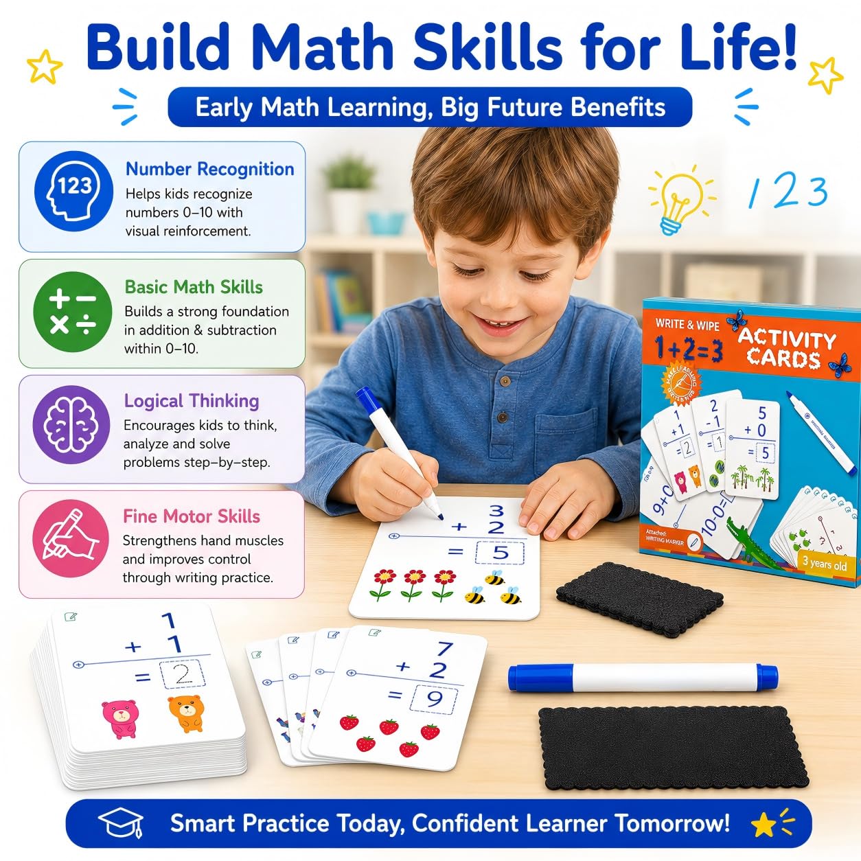 Write & Wipe Activity Cards for Kids, Reusable Tracing Flash Cards, Preschool Handwriting Practice Set, Letter Number Math Learning Activities Ages 3-6 (Addition and Subtraction)