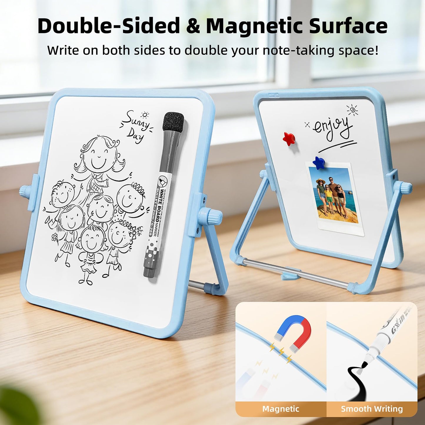 FUNISKETCH Colorful Dry Erase White Board 6.7x8.4in, Magnetic Desktop Board with Stand, 2 Markers (Eraser Head), 4 Magnets - Double-Sided Easel for Daily Planning, Memo, Office/Home/School (Blue)