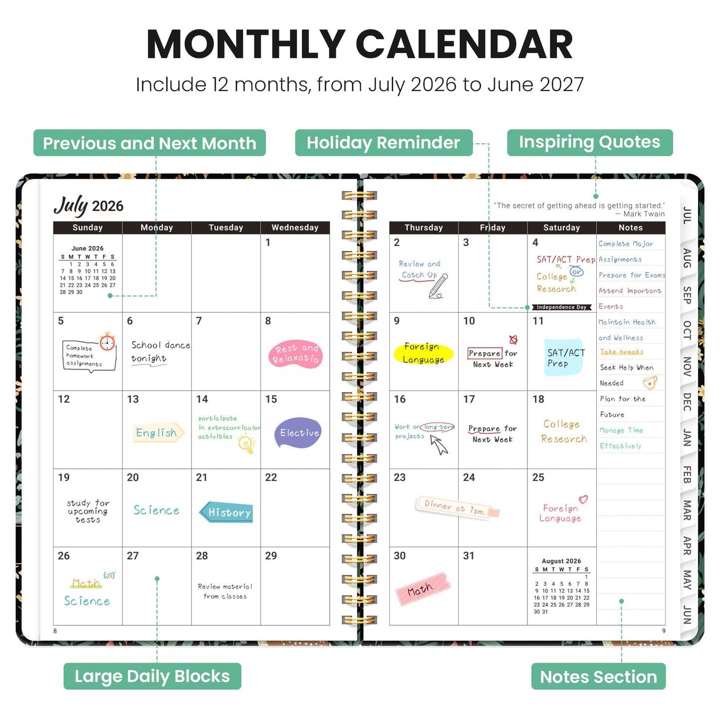 Academic Planner 2026-2027, Monthly and Weekly Calendar Planner, July 2026 - June 2027, Pretty Hardcover Teacher Student Planning Agenda Book with Tabs, Fit for School Office Supplies, 6.3" x 8.5", Forest Fawns