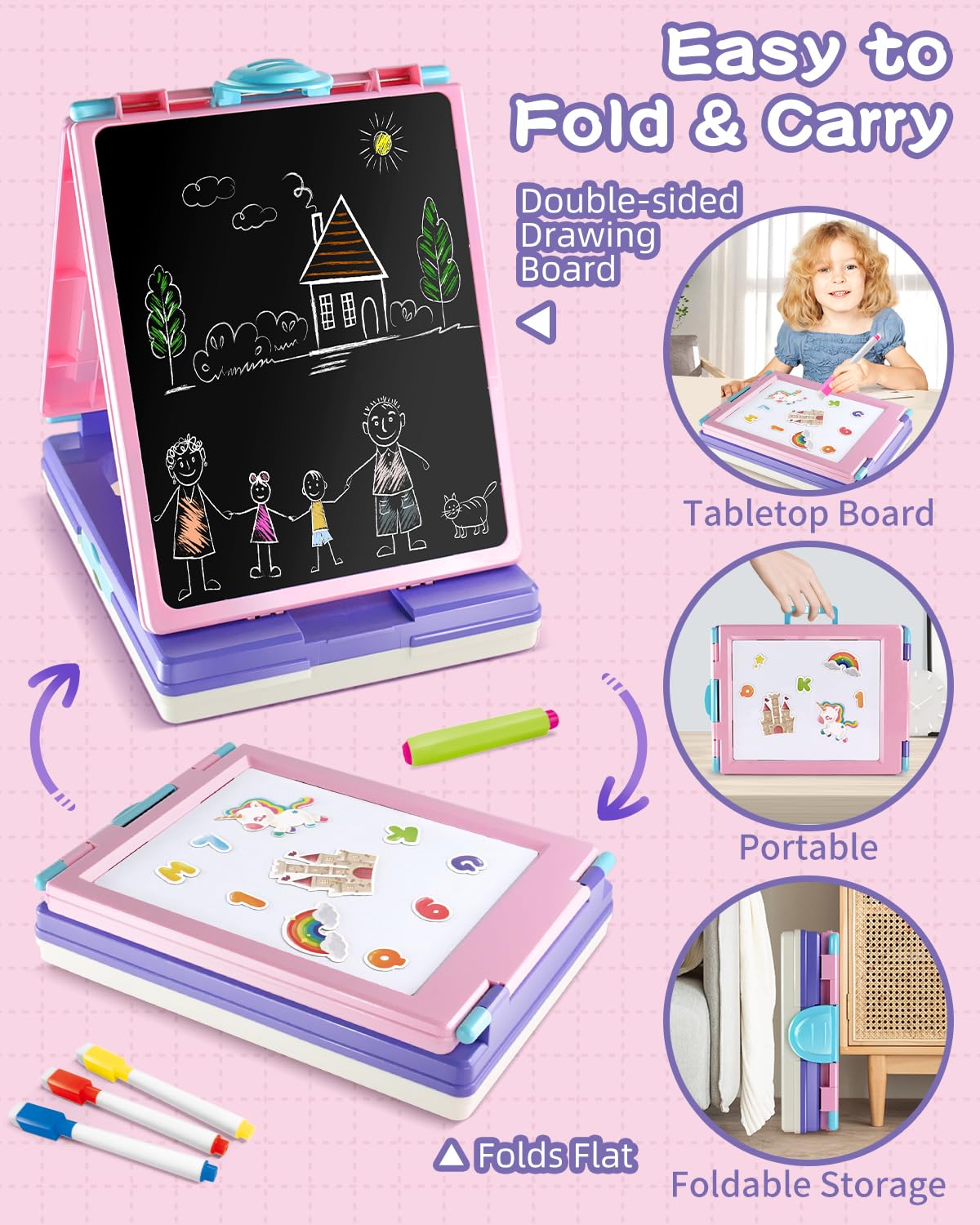 Elovien Easel for Kids, 4 in 1 Double Sided Toddler Art Easel with Chalkboard & Magnetic Whiteboard, Foldable Kid Tabletop Easel with Drawing & Writing Accessories - Educational Gift for Girl (Purple)