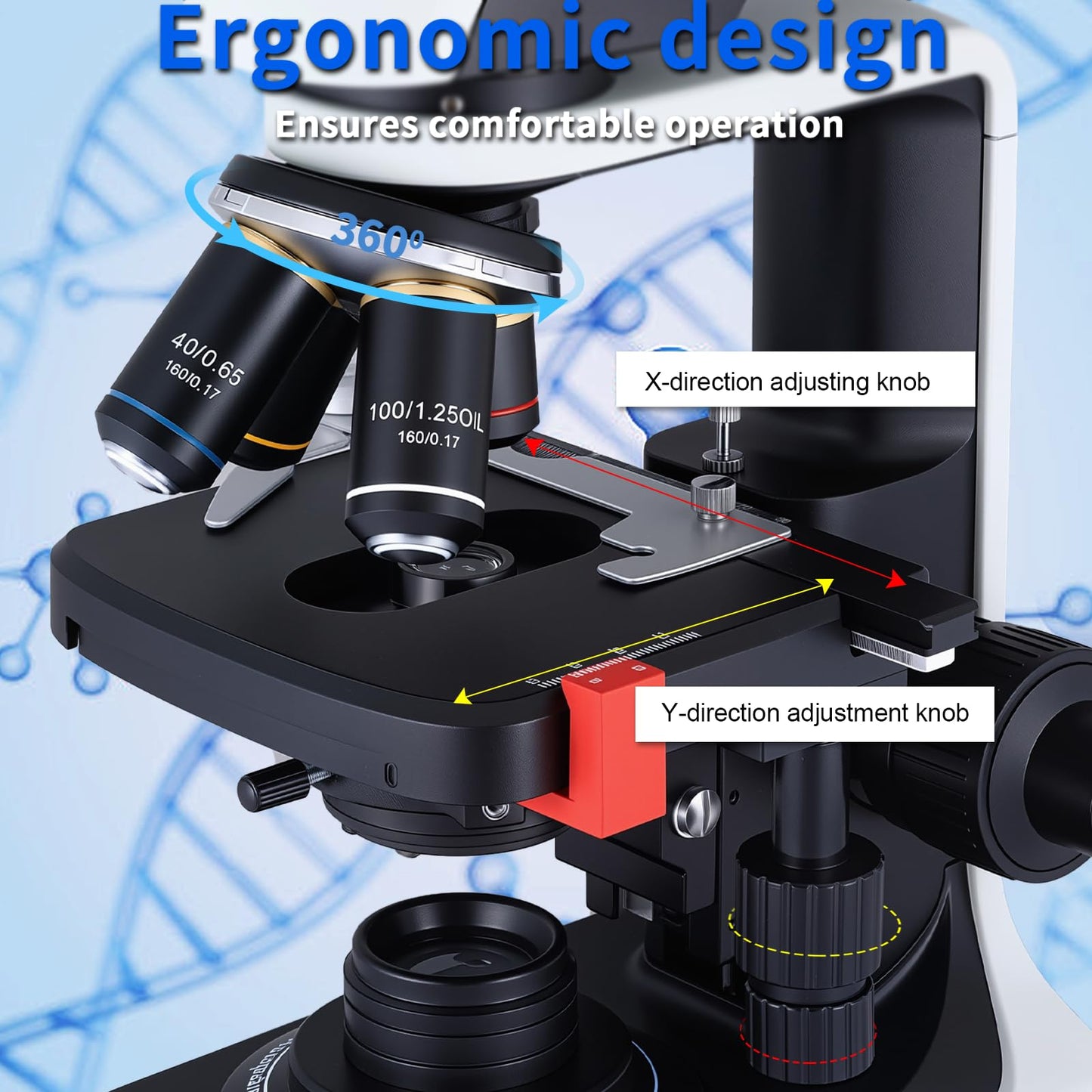 40X-2500X Binocular Microscope, WF10x and WF25x Eyepieces, LED Illumination, with Specimen Handpiece Holder, for Beginners, Microscope for Adults