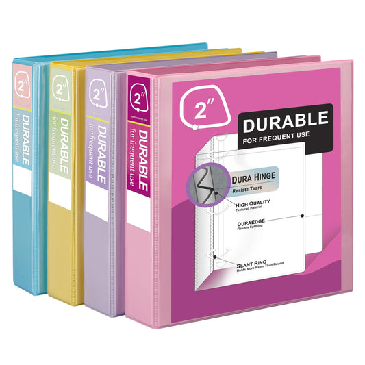 Zzrywuty Durable 3 Ring Binder,2 Inch Economy 4 Pack,Each Holds 540 Sheets,D-Ring Presentation View Binders for Office,School,Home(Pastel Assortment)