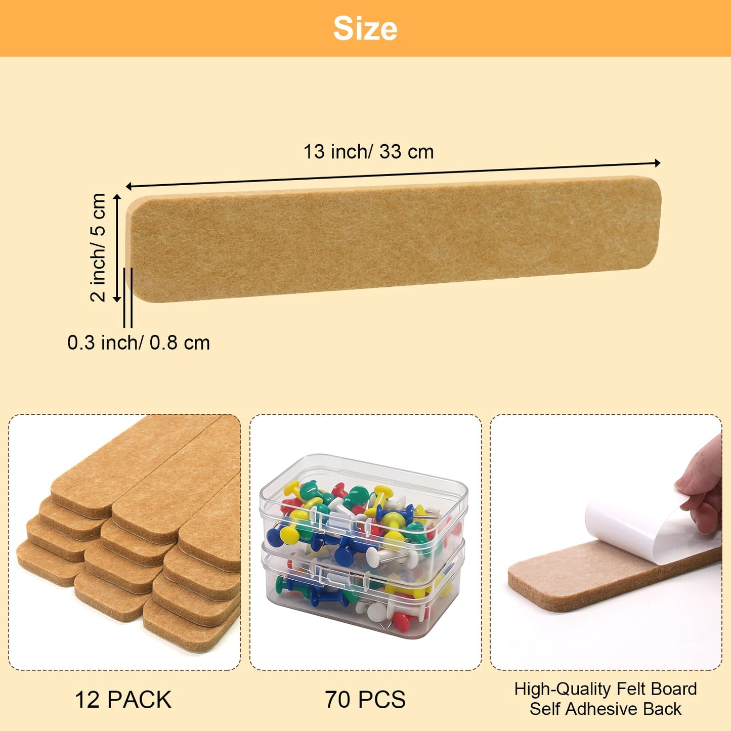 Fushing Cork Boards Felt Bulletin Boards, 13"x2" Pin Boards with Push Pins, Self-Adhesive, No-Drill Wall Mount Pin Boards for Classroom, Office, Home, Dorm, Bedroom Door (12)