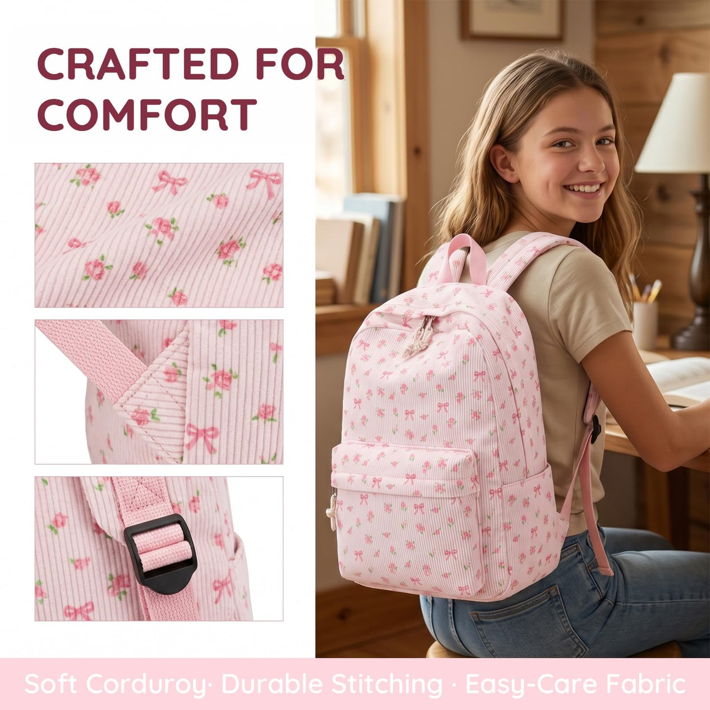 BTOOP School Backpack for Girls Teens Large Corduroy Bookbag Lightweight Casual High School College Backpacks 17 inch Laptop Travel Bag (Pink Bow Floral-1)