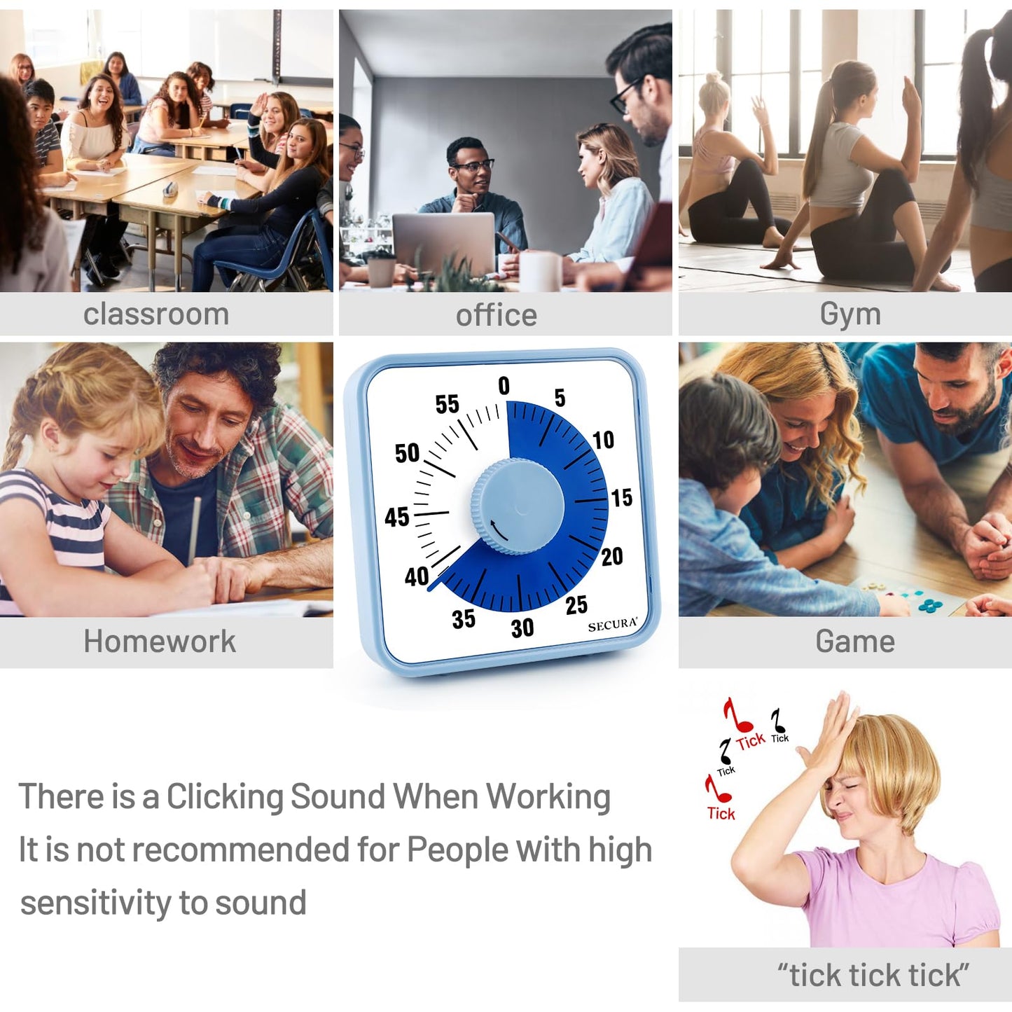 Secura 60-Minute Visual Countdown Timer, 7.5-Inch Oversize Classroom Visual Timer for Kids and Adults, Durable Mechanical Kitchen Timer Clock with Magnetic Backing (Navy Blue)