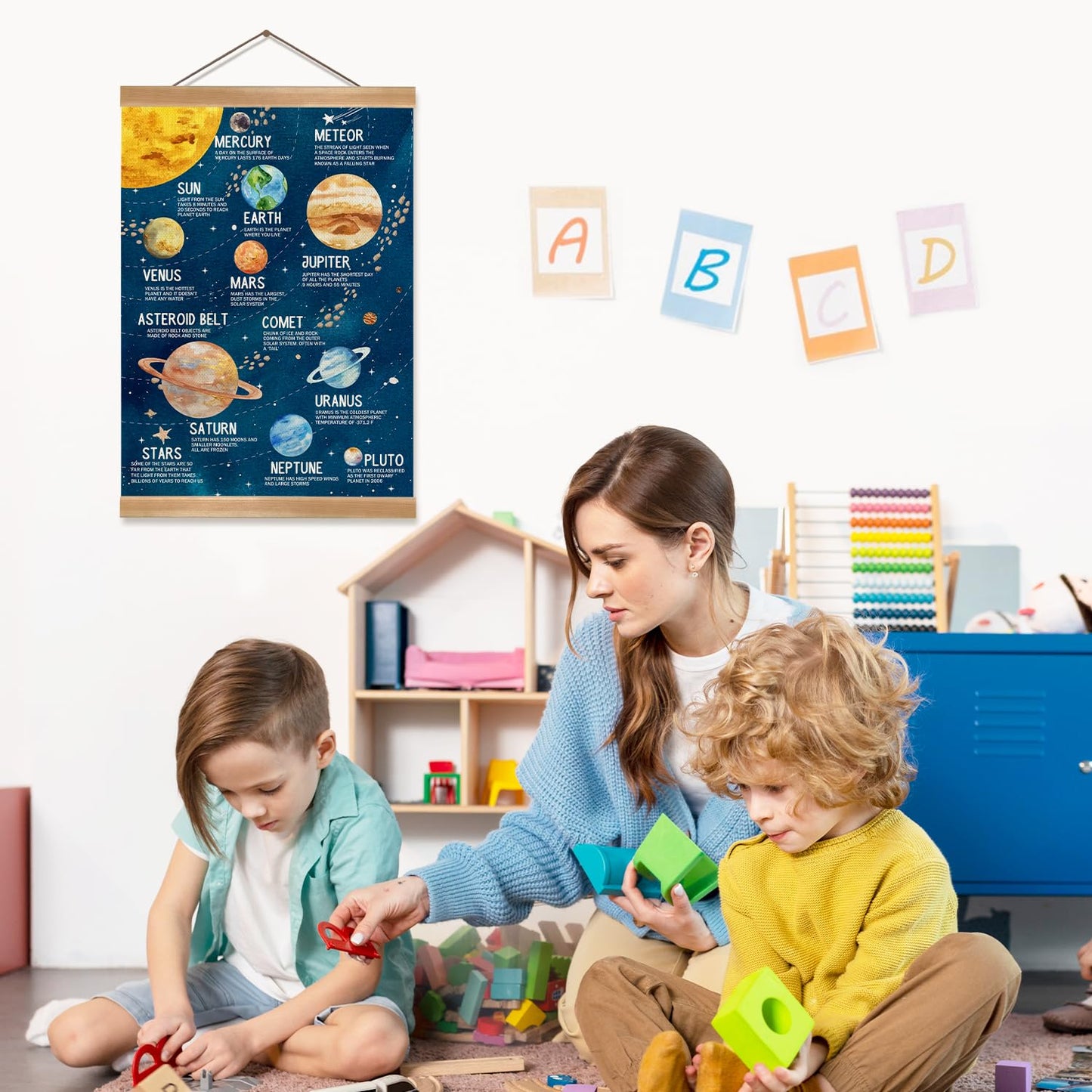 Solar System Poster Wall Art Set of 1, Planets Wall Decor Wood Hanger, Space Classroom Decor, Outer Space Planets Poster for Boys and Girls Nursery, Bedroom, Playroom, Toddler and Classroom (Universe)