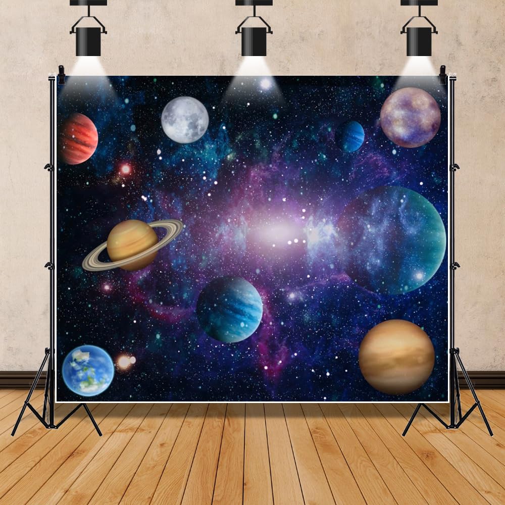 Canessioa Outer Space Backdrop Solar System Eight Major Planets Decorations Background Milky Way Starry Galaxy Theme Party Background Planet Birthday Party Cake Table Studio Props 10x8ft