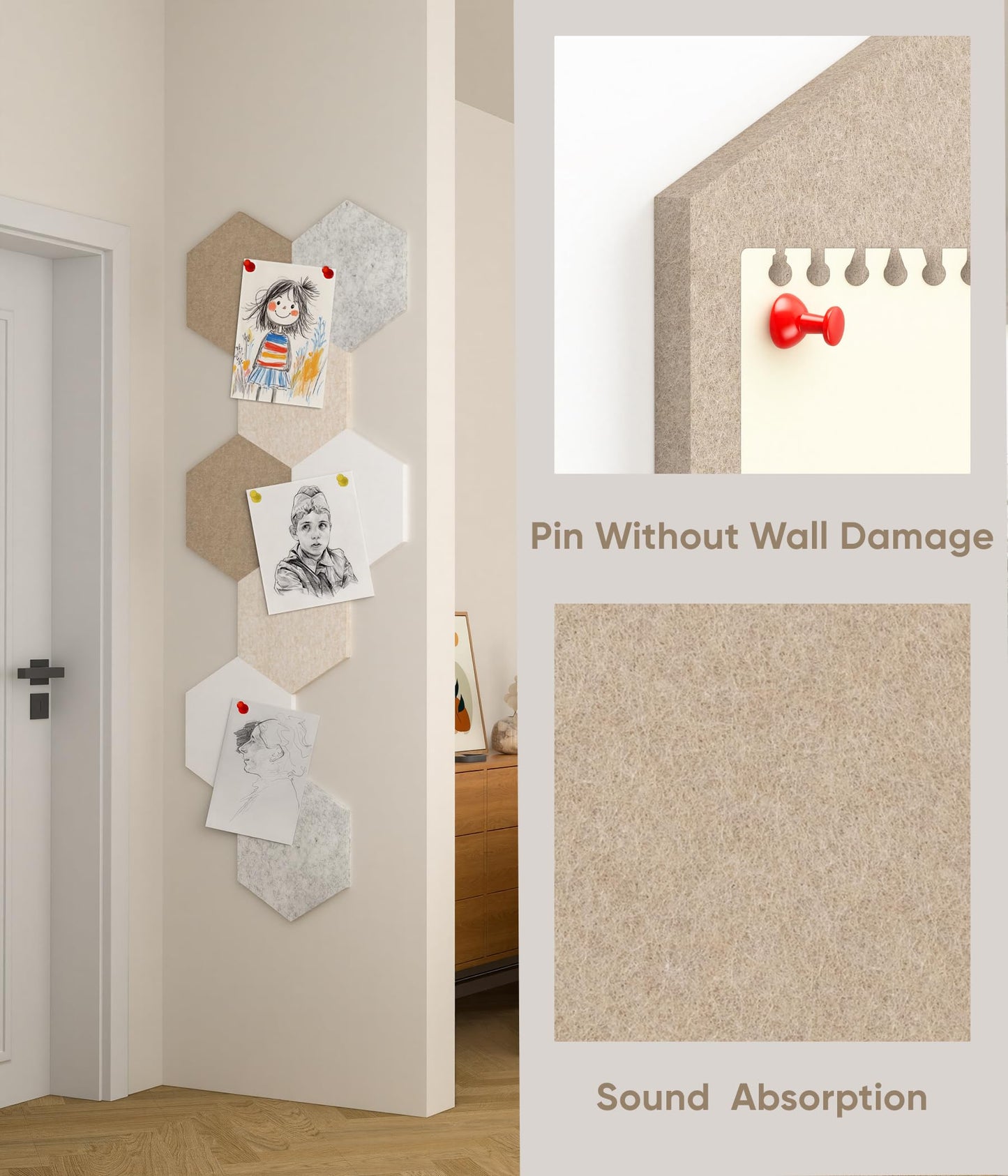 Toptople 12 Inch Large Hexagon Cork Board for Walls, 8 Pack Felt Bulletin Board Tiles, Pin Board with Push Pins for Office Photo and Note, Linen Beige