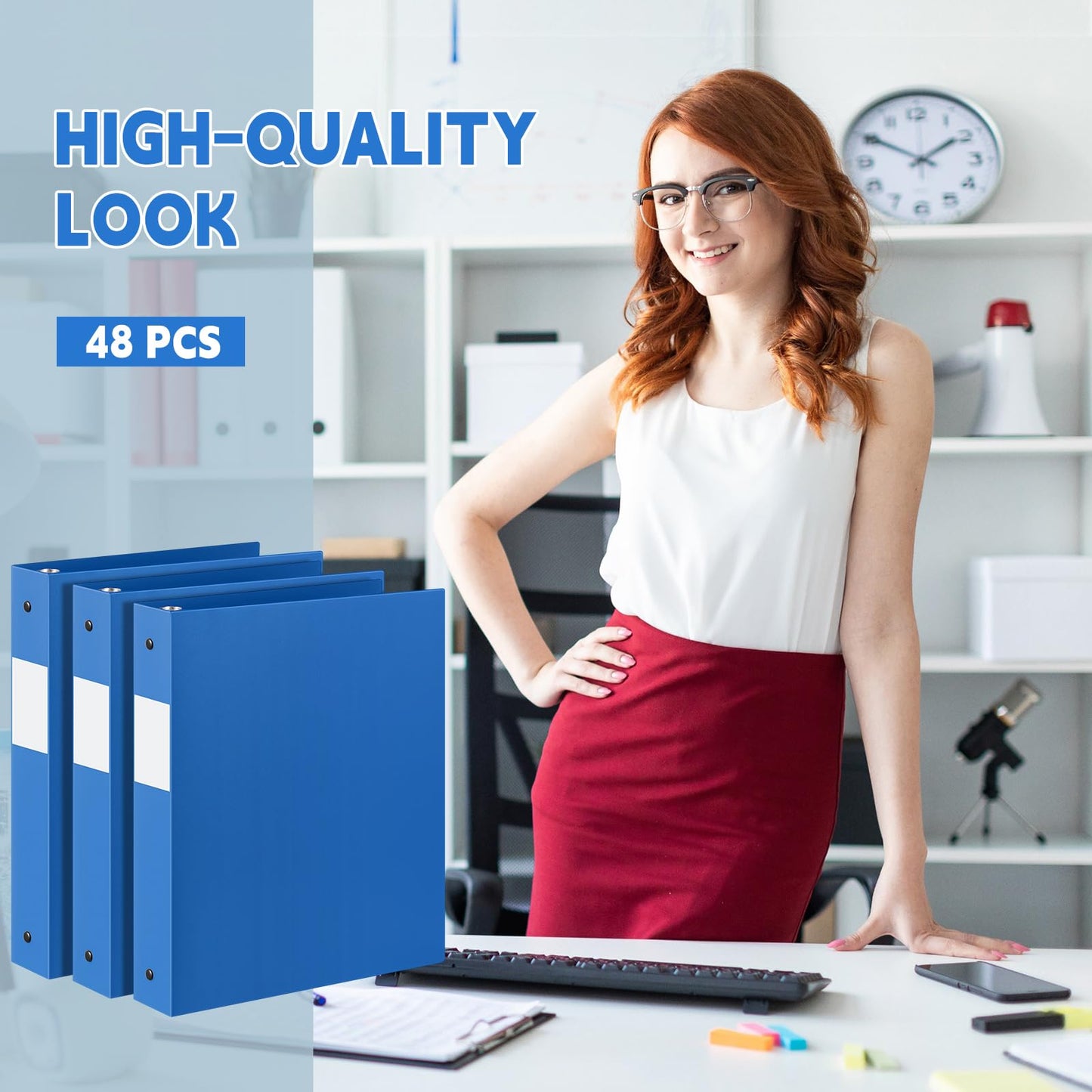 Henoyso 48 Pack 1 Inch 3 Ring Plastic Binders, Bulk Flexible PP Binders for Classroom & School Supplies, Letter Size 8.5 x 11, Holds 240 Sheets with Interior Pocket (Blue)