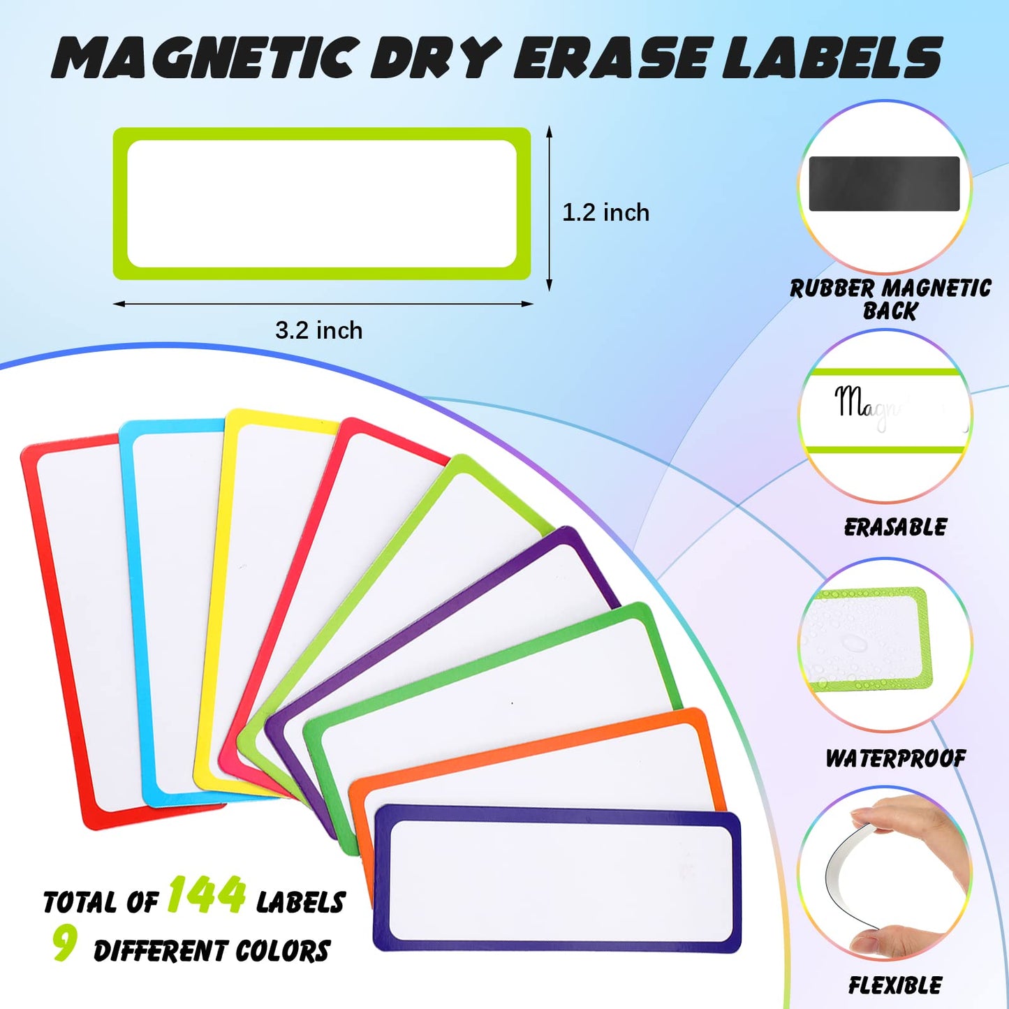 Meanplan 176 Pcs White Board Accessories Set Include 144 Magnetic Dry Erase Labels 12 Rolls Thin Whiteboard Tape 8 Magnetic Fine Tip Dry Erase Markers 12 Round Planning Buttons for Office Home