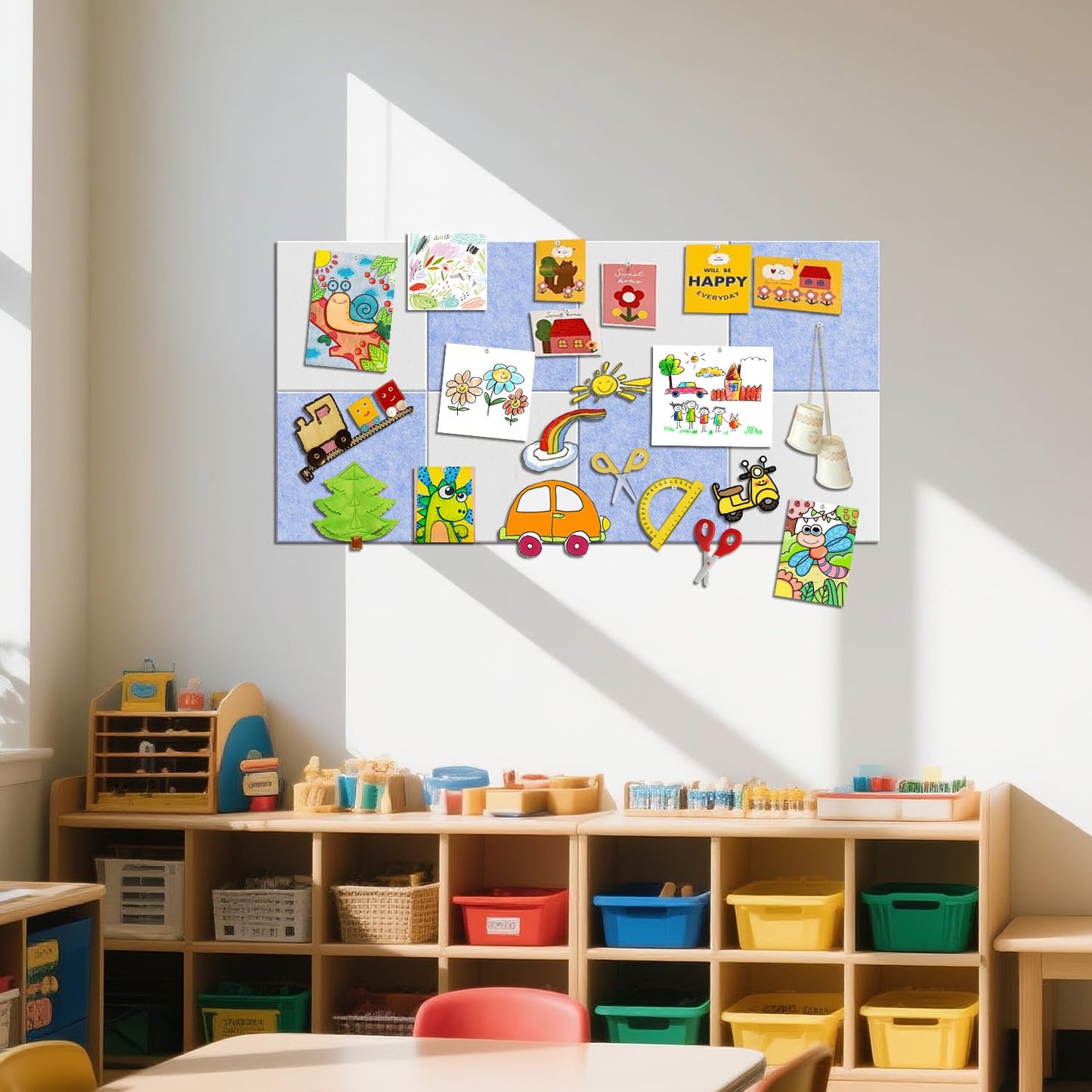 TSJOFFICE Large Cork Board for Wall - 48" x 24" Bulletin Board with 30 Pushpins for Office Decor, Pin Board 8 Pack Felt Tiles with Safe Removable Adhesive Tabs, Corkboard for Home - Light Blue & White