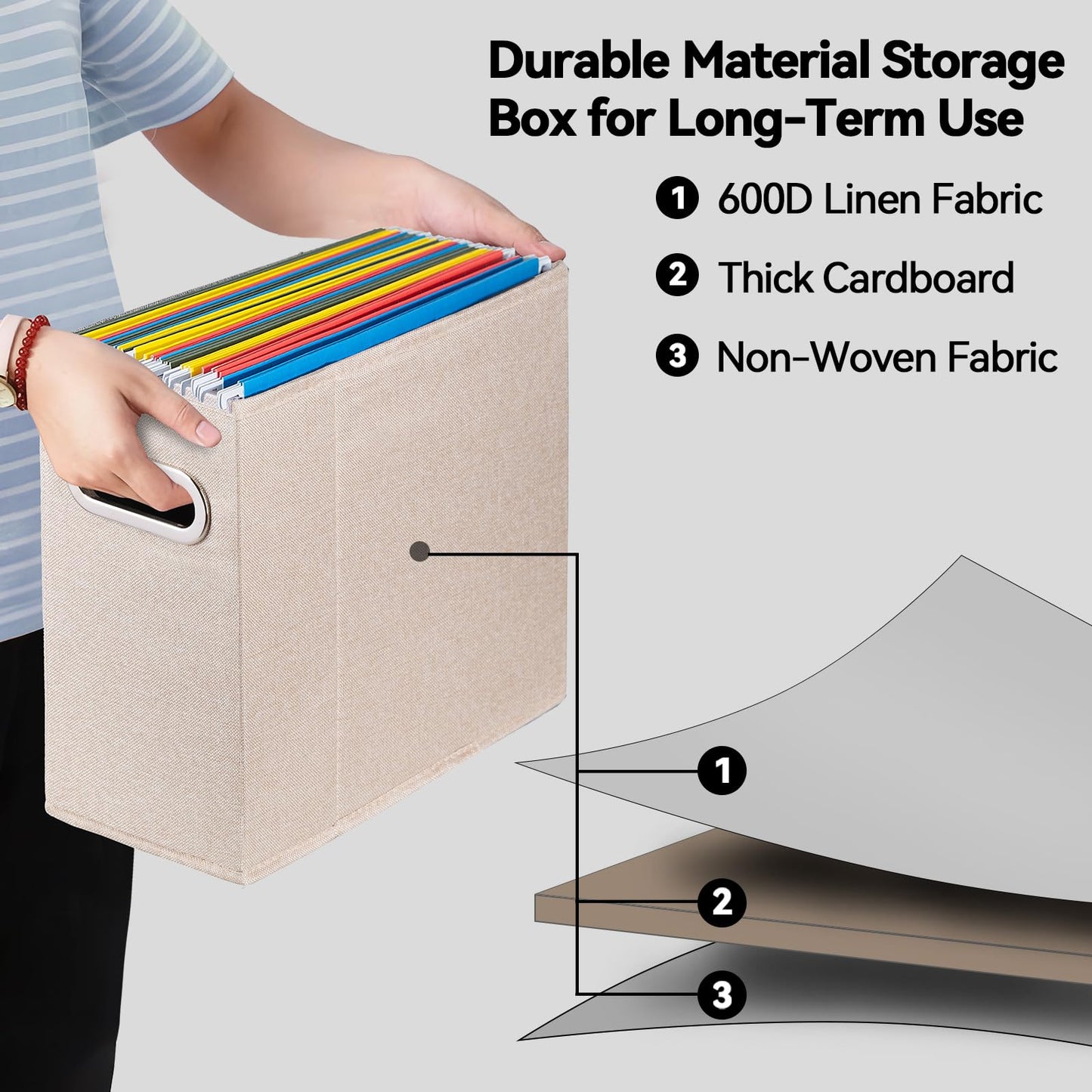 ComfortKeeper 4 Packs Letter Size File Organizer, File Folders Organizer, Fabric Storage Box, Collapsible Paper Organizer with Metal Handle, Smooth PVC Rails, Only Box (Beige)