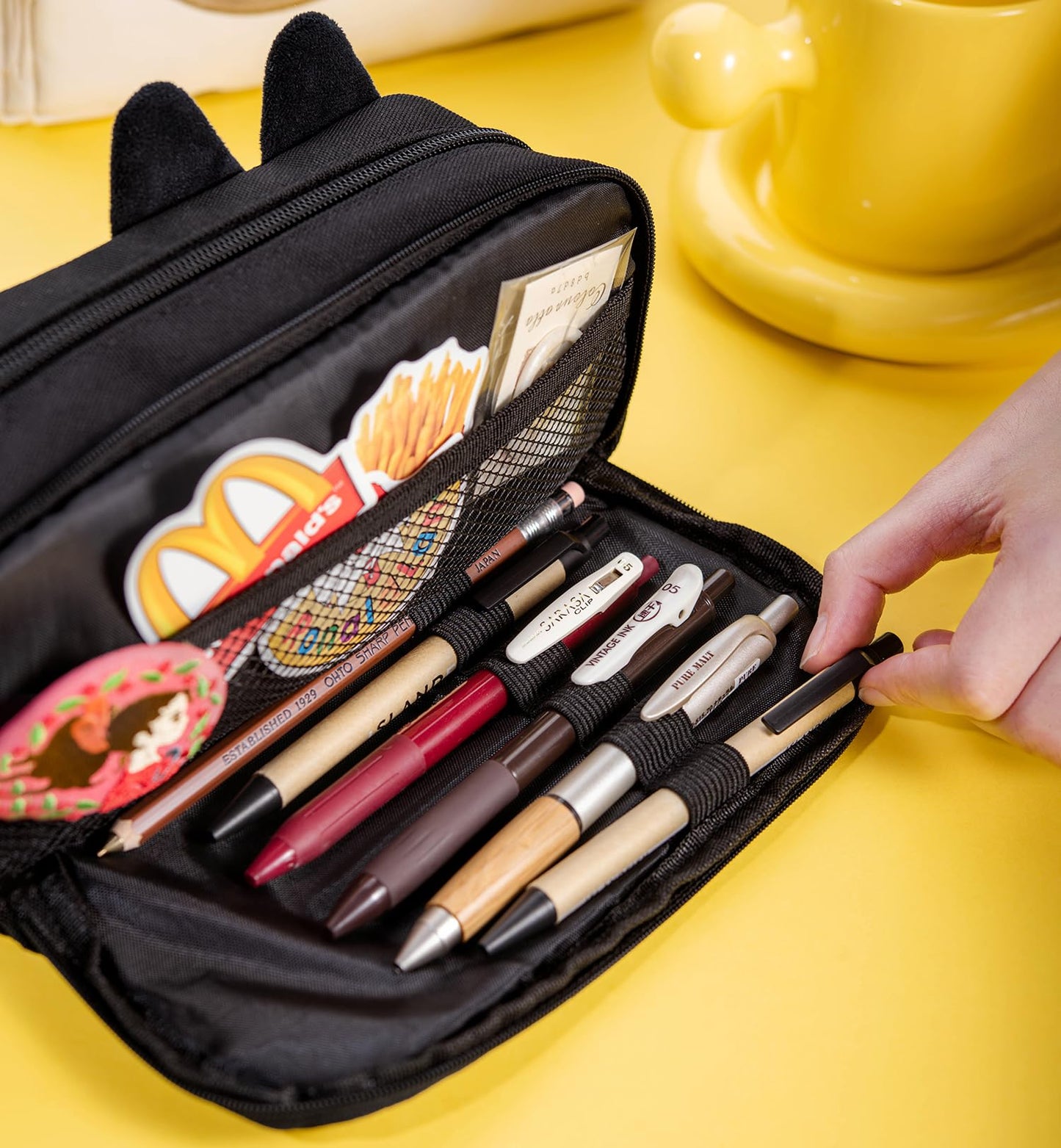 Lanxivi Hongdian Large Capacity Pencil Case Black Color, 3D Cat Pen Bags Pencil Pouch Organizer for Office College School