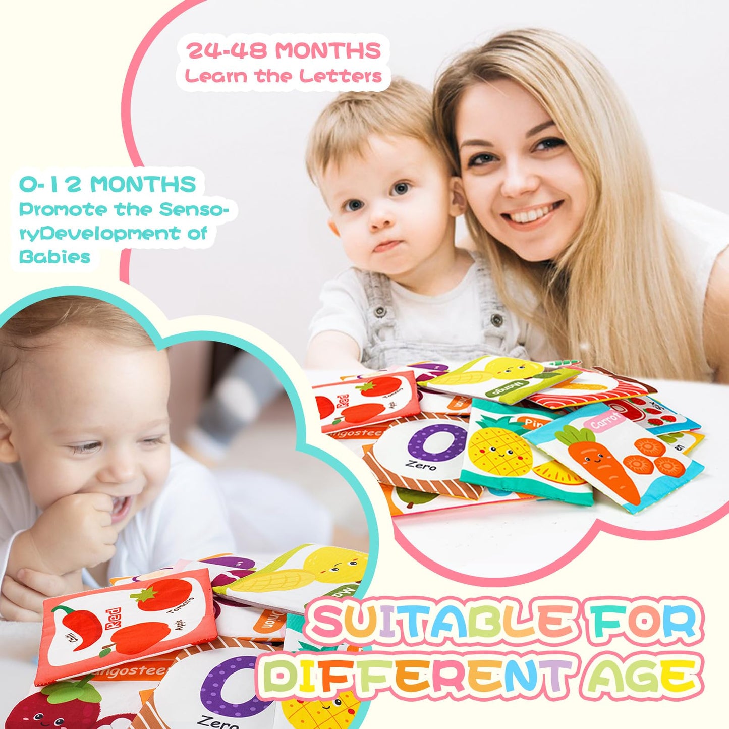 Jollybaby Reusable Soft Flash Cards for Baby 0-6-12-18 Months, Preschool Learning Resource Toys for 0-1-2-3-4 Years, Montessori Sensory Sight Words Numbers Toy - Easter Gifts for Toddler