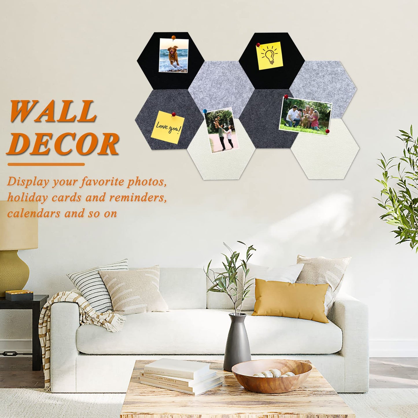 HULAVO 8Pcs Hexagon Felt Cork Board Tiles, Self Adhesive DIY Bulletin Board Pin Board for Office School Home Wall Decor Stickers Memos Photos Display (Gradual Grey)