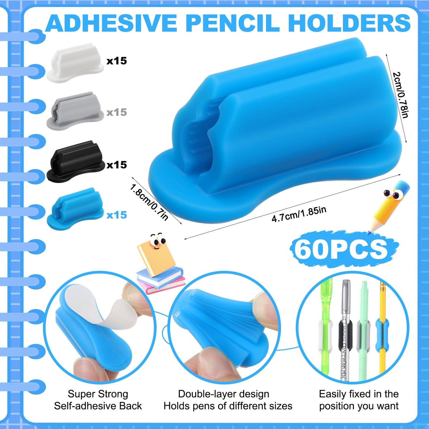 Sherr 60 Pack Adhesive Pencil Holders for Desk Silicone Pen Holder Bulk Flexible Adhesive Marker Organizer Clipboard Classroom School Office Accessories Teacher Supplies (Neutral)