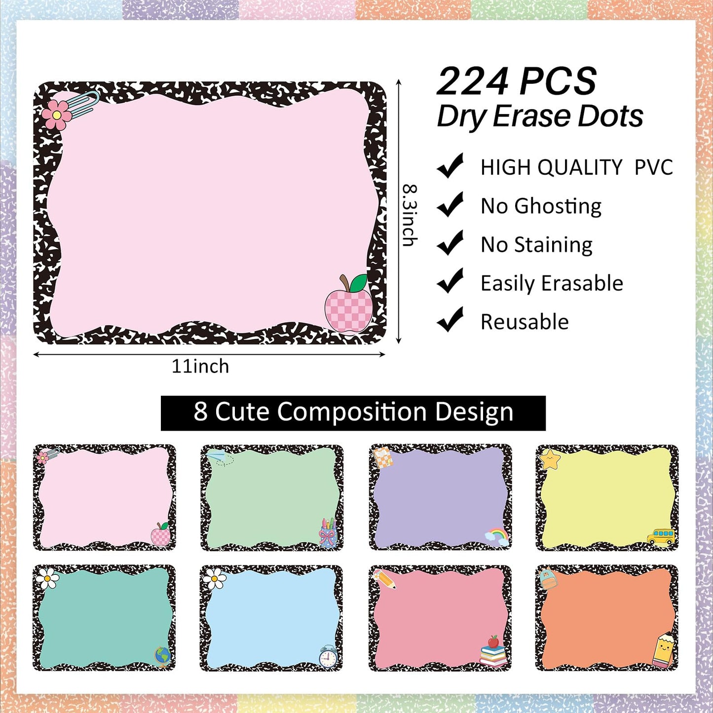 Gersoniel 24 Pcs Large 11'' Notebook Dry Erase Dots for Classroom Table Removable Circles Stickers Wall Whiteboard No Staining for Teacher School Home Office Teaching Supplies(Square,Colorful)