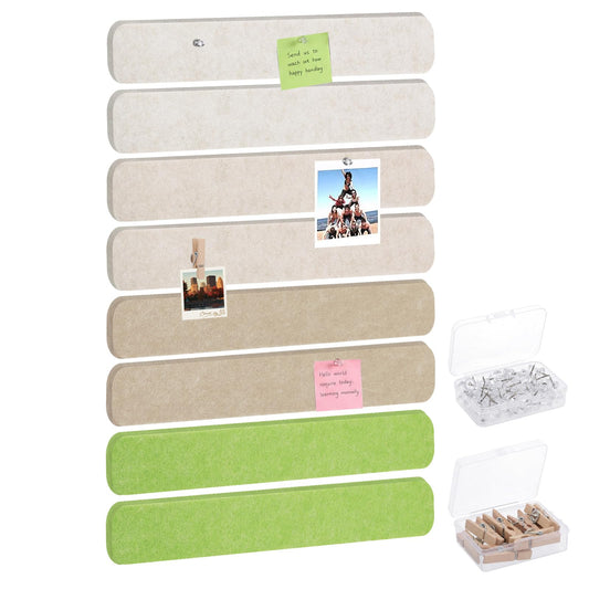 Thboxes 8 Pack Felt Bulletin Board Strips, 13x2 Inch Self Adhesive Felt Pin Boards with 50 Pushpins and 10 Wooden Clips Push Pins, Cork Board for Walls Home Office Decor(Natural Earth Tones)