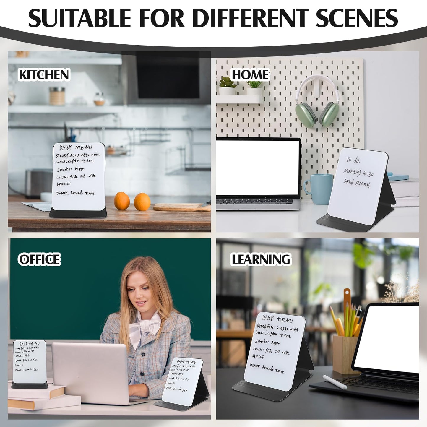 Dunzoom 2 Sets 4 Pcs Small Glass Desktop Whiteboard with Reversable Stand 8x6 Inch Mini Dry Erase White Board Easel with 2 Markers Reusable Desk Notepad for Home Office School Supplies (Black)