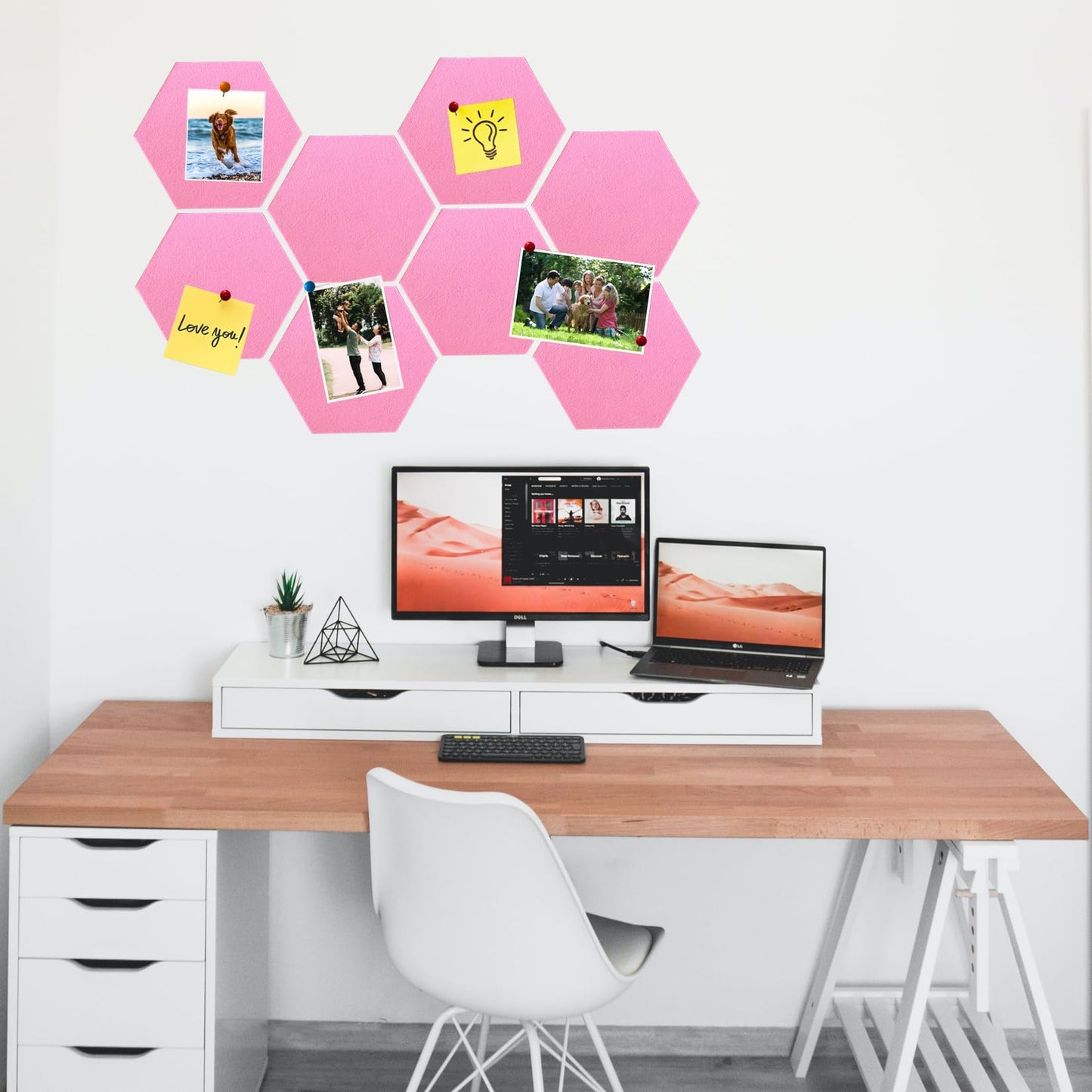 HULAVO 8 Pcs Hexagon Felt Cork Bulletin Board Tiles, Self Adhesive DIY Bulletin Board Pin Board for Office School Home Wall Decor Memos Photos Display(Bright Pink)