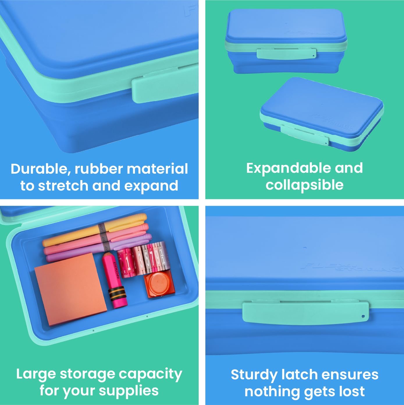 LockerMate by Bostitch Flexi Storage Box with Lid, Collapsible Pencil Case Design for Craft and School Supplies, Blue
