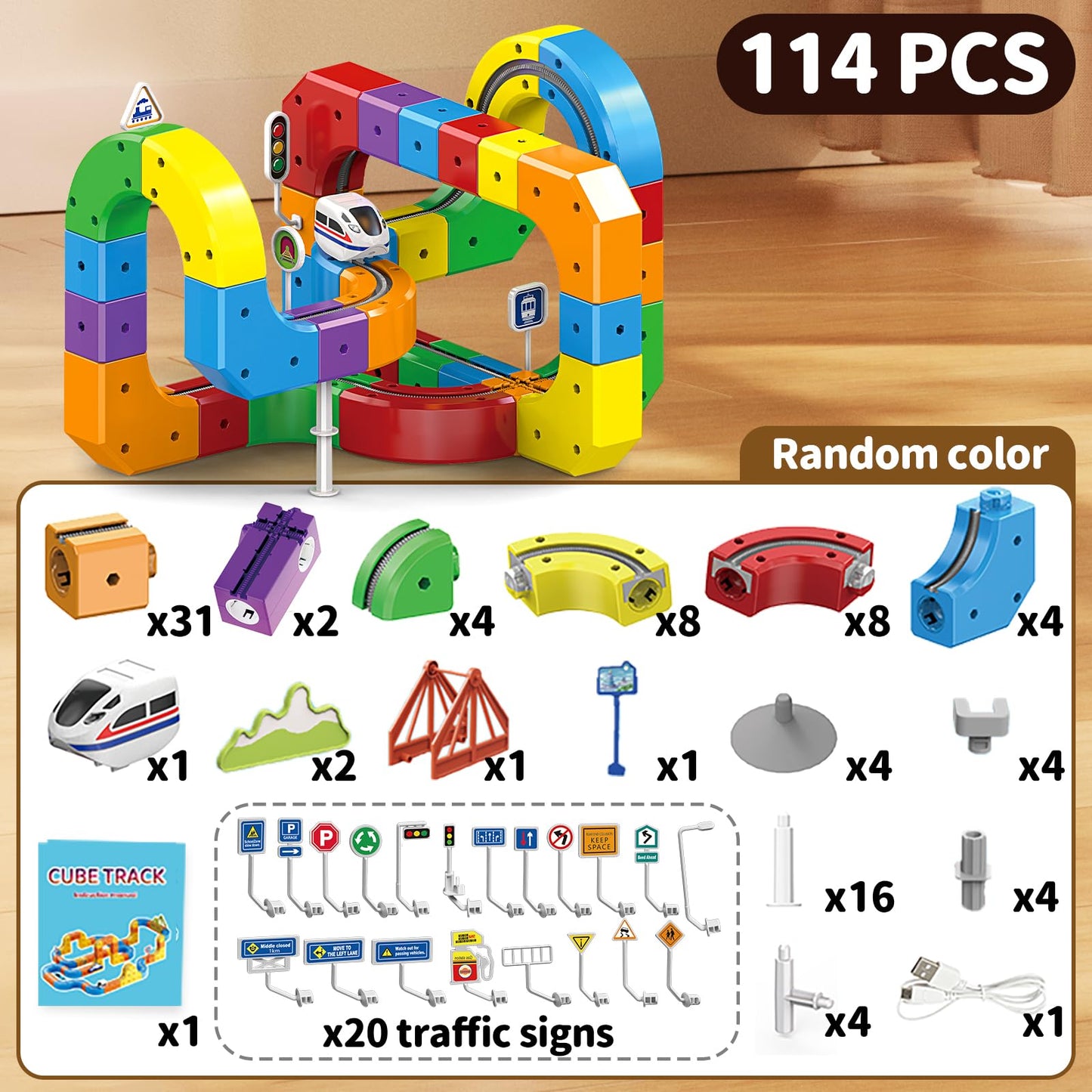 Electric Train Set for Kids 114 PCS, 3D Gravity-Defying Flexible Track with Motorized Train & Accessories, DIY STEM Building Toy with Traffic Signs, Gift for Boys Girls Ages 3-8
