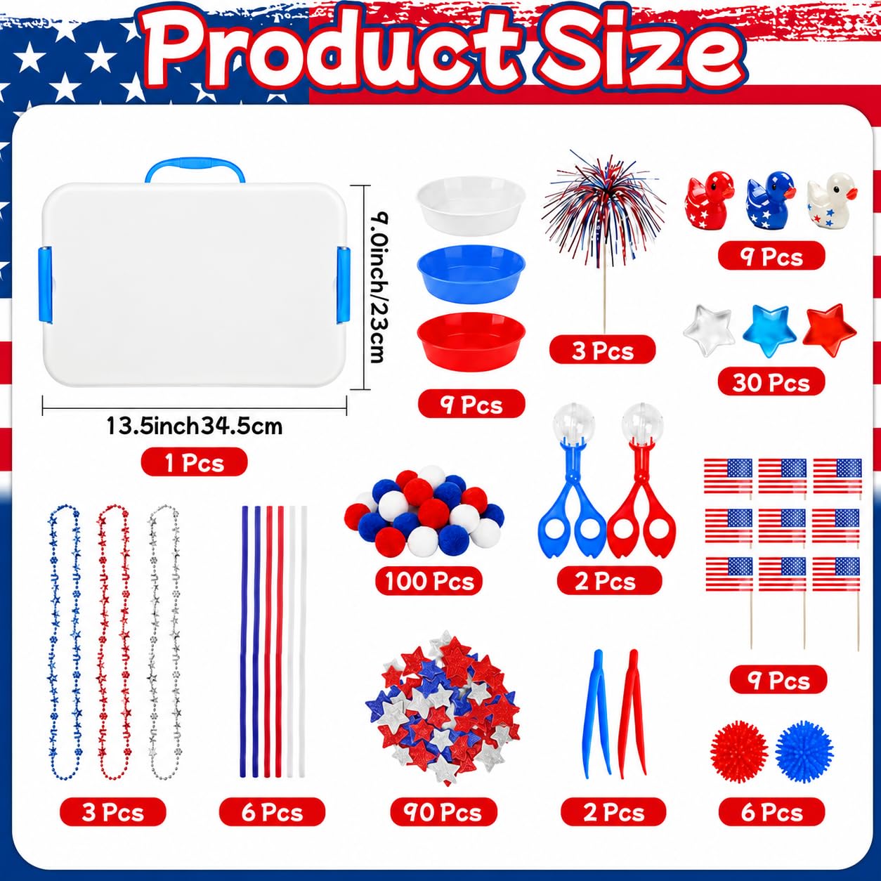 Cinrobiye 186 Pcs 4th of July Sensory Bin Fillers Set, Independence Day Sensory Bin Activity Kit with Storage Box, Sensory Bin Supplies, Fourth of July Crafts, Patriotic Party Activities