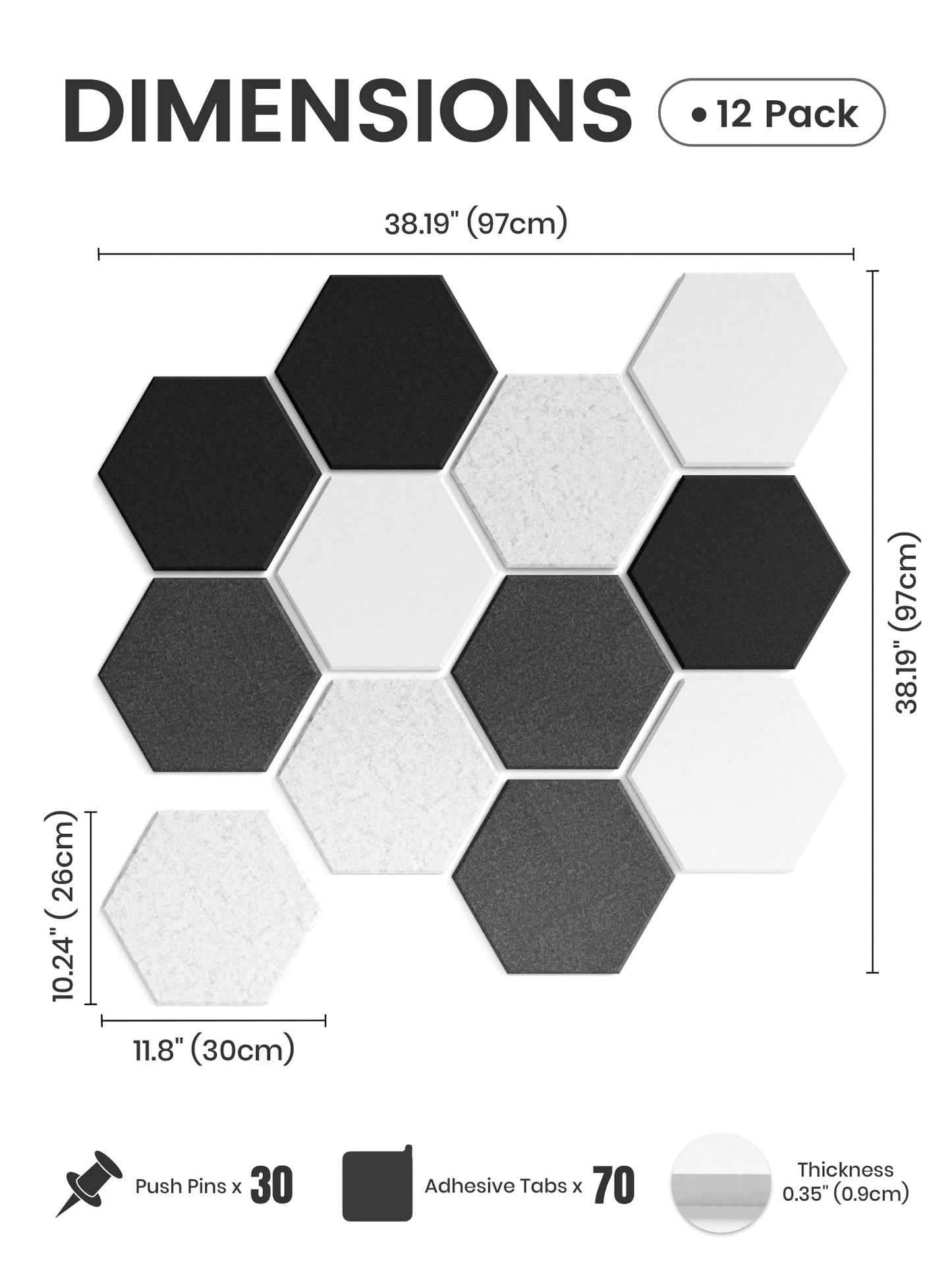 Fluxynara Hexagon Cork Board Alternative for Walls Decor-12-Pack Felt Bulletin Board Tiles,with 30 Pushpins,70 Adhesive Tabs for Office,Classrooms & Home Pin Board Felt Board-Concrete Echo
