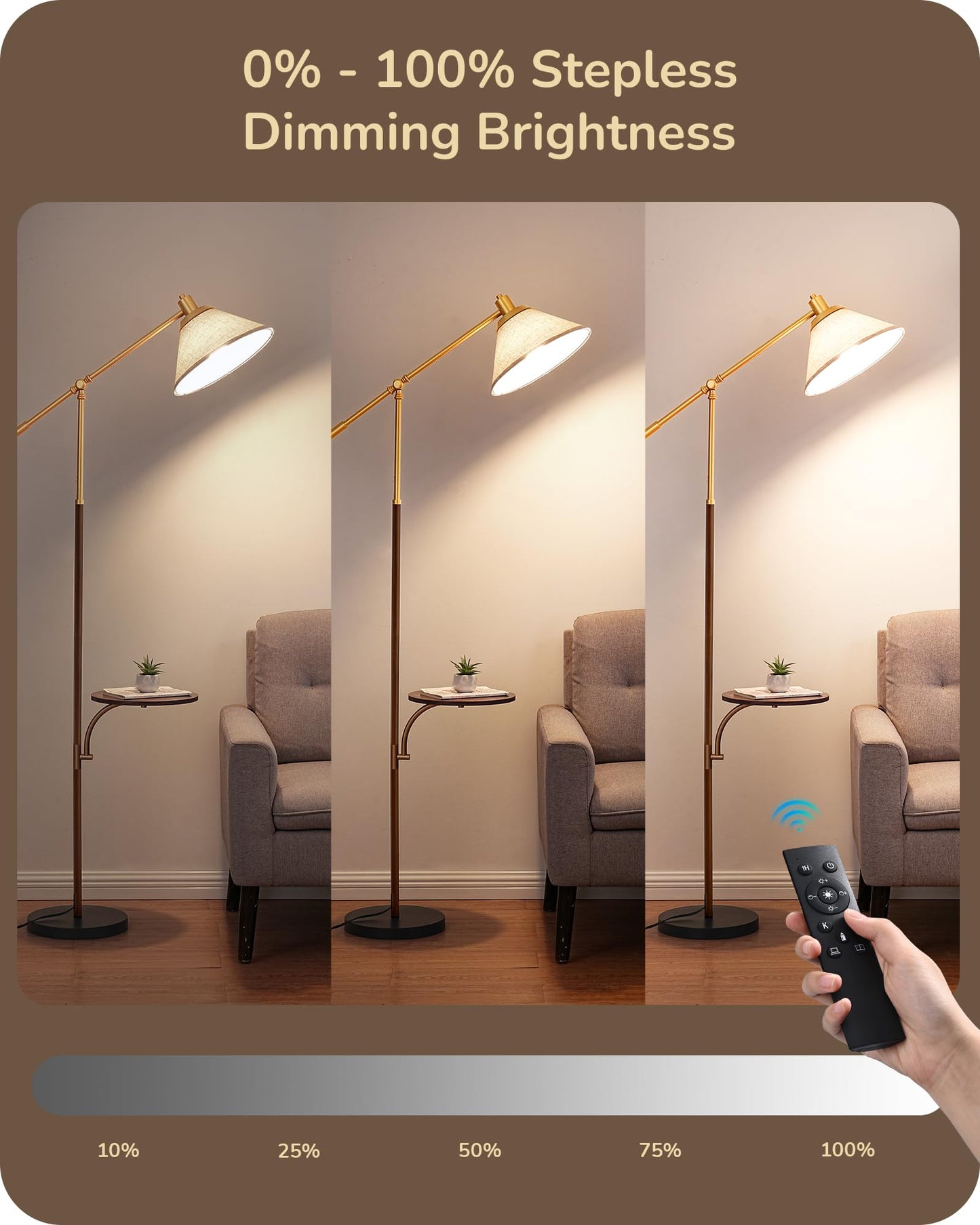 EDISHINE 68in Arc Floor Lamp, Vintage Standing Lamp with Beige Shade, Remote Dimmable Bulb, Walnut Wood Grain, Model HFLEF1