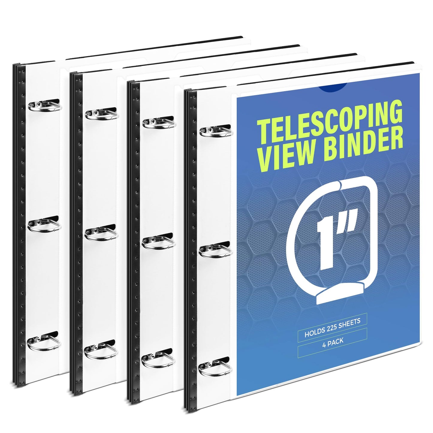 WOT I 1 Inch Telescoping 3 Ring Binder 4 Pack, Expandable Flexible Binder with Customizable Front Cover & Clear Catalog Pocket, Holds 225 Sheets, School Office Supplies, White