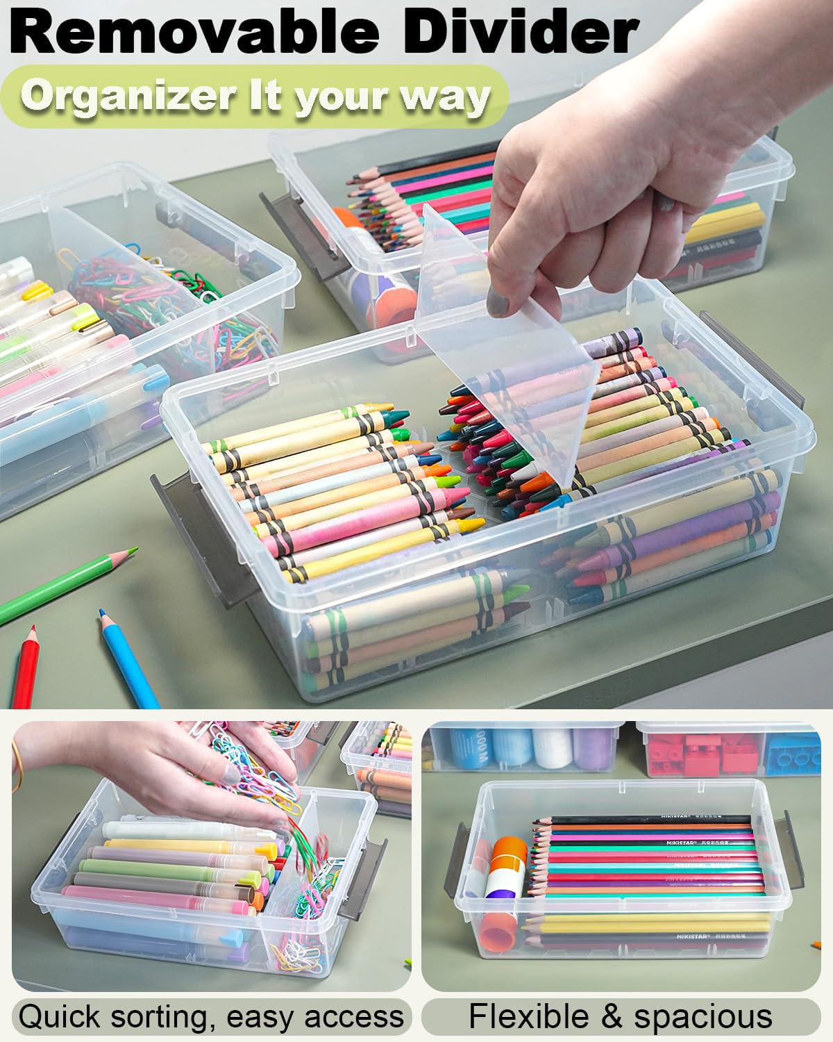 GEOPHIA 6 Pack Extra Large Pencil Box with Removable Divider, Thickened Pencil Case Bulk, Clear Crayon Marker Organizer Stackable Plastic Small Storage Containers for Pen Craft School Supplies(Grey)