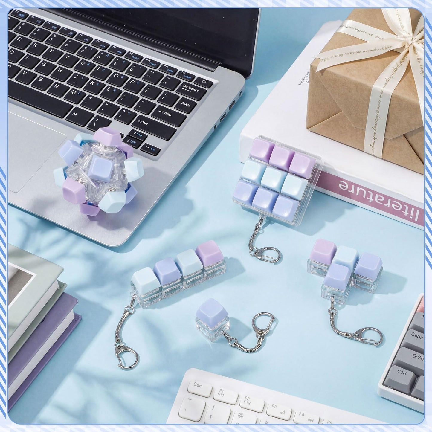 Halloscume 5 Pcs Keyboard Adult Fidget Clicker in 5 Styles Keyboard Fidget Keychain Cube Mechanical Key Button Clicker Stress Relief Gift for Office Home Pass Time(Blue Purple)