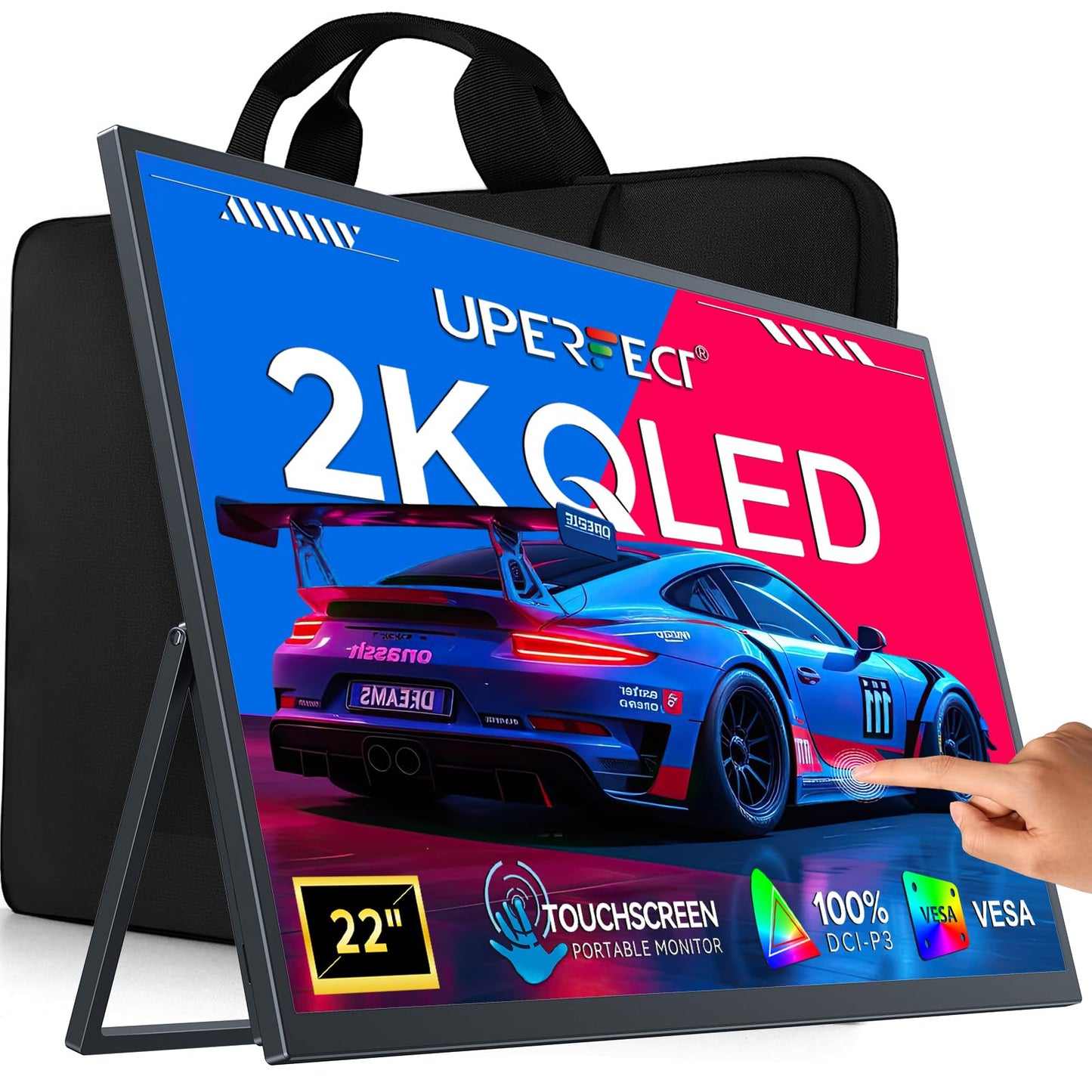 UPERFECT Portable Monitor Touchscreen 2K QLED, 22" Gaming Monitor w/VESA & 180° Adjustable Stand, 2560×1440 QHD FreeSync HDR, 100% DCI-P3, USB-C HDMI Travel Second Monitor for Laptop, PC, Game Console