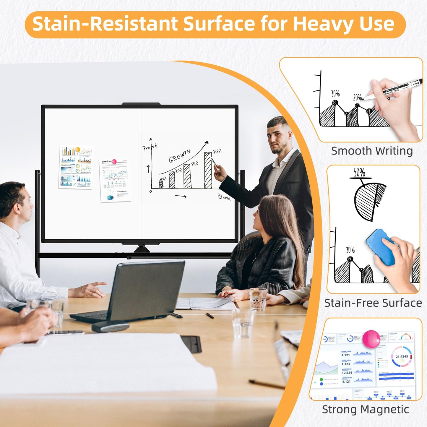 WALGLASS Rolling Dry Erase Whiteboard, 48"x36" Double-Sided White Board on Wheels, Large Portable White Board with Stand, Black Mobile Standing Whiteboards for Office, Home, School 4x3 ft