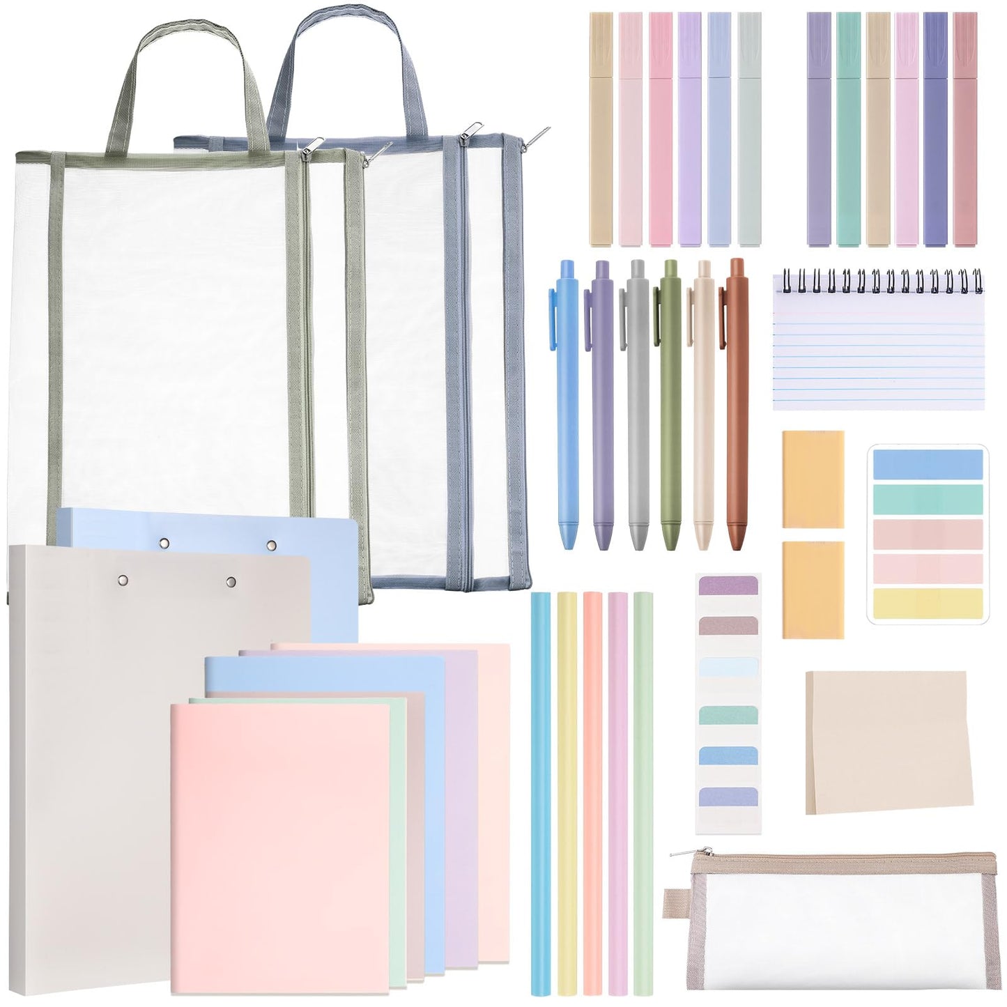 Colarr 54 Pcs Cute Notebook Stationery Set for Women, Bible Study Supplies, 6 Lined Notebooks, 36 Pens, Sticky Notes & Tabs, Bags & Folders for Work Journal Study College Office Supply(Morandi)