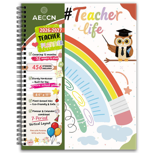 AECCN Teacher Planner 2026-2027 Academic Year, 8.5" x 11" with 7 Period Lesson Plan Book, Weekly & Monthly Planner with 110gsm Thick Paper, Cute School Supplies & Teacher Supplies for Classroom Organization