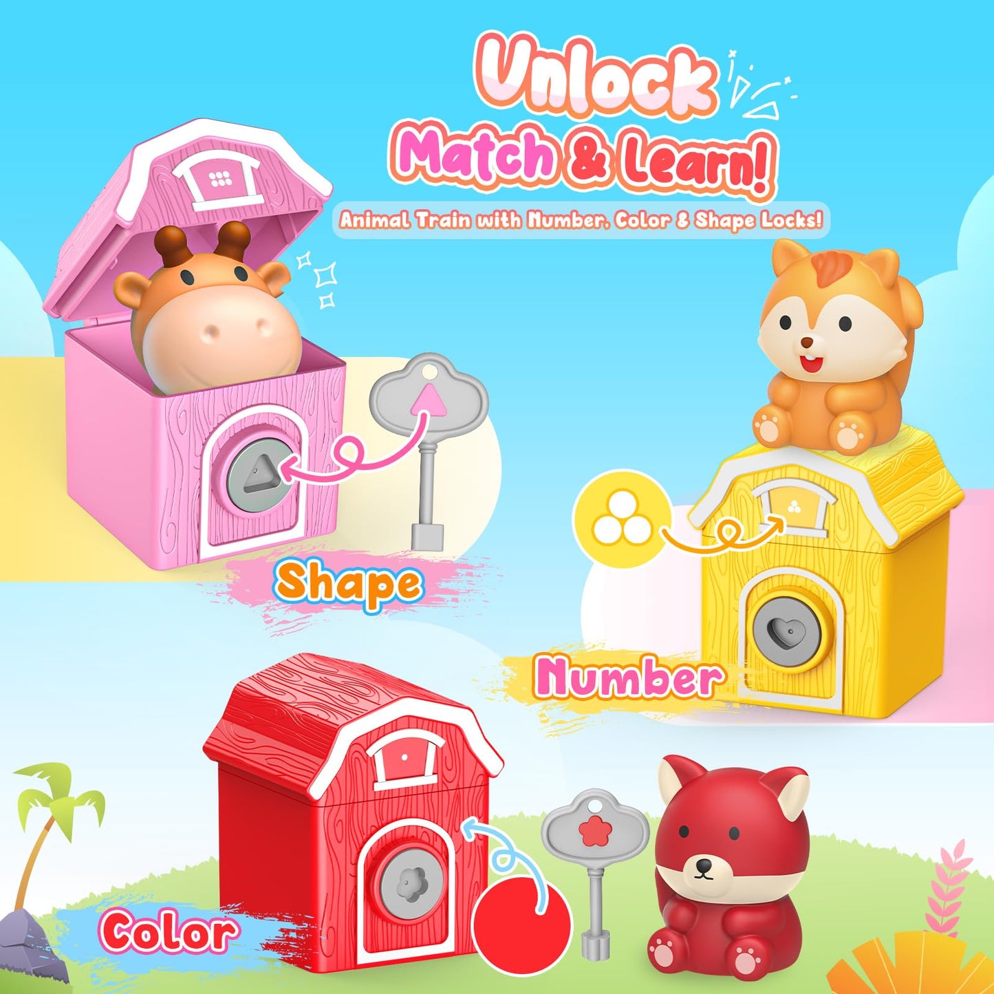 Animal Montessori Learning Toys for 2 3 4 5 Year Old Kids, Toddler Animals Train Locks & Keys Matching Toys Counting & Sorting Trains Set, Preschool Toy Boys Girls Christmas Birthday Gifts Age 2-4 3-5