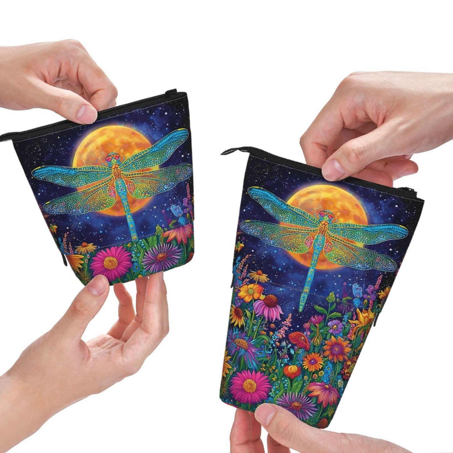 Tezmd Dragonfly Moon Standing Pencil Case Cute Telescopic Stationary Pouch with Zipper Large Capacity Stand up Pen Bag Portable Makeup Holder for School Office Supplies