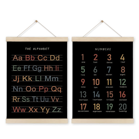 HRQKO Alphabet Numbers Poster Hanger Frame Set of 2, Black Nursery Wall Decor, ABC Poster Wall Art with Wooden Frames, Boho Alphabet Banner Wall Hanging Decor for Toddler Playroom, 12x16 Inch