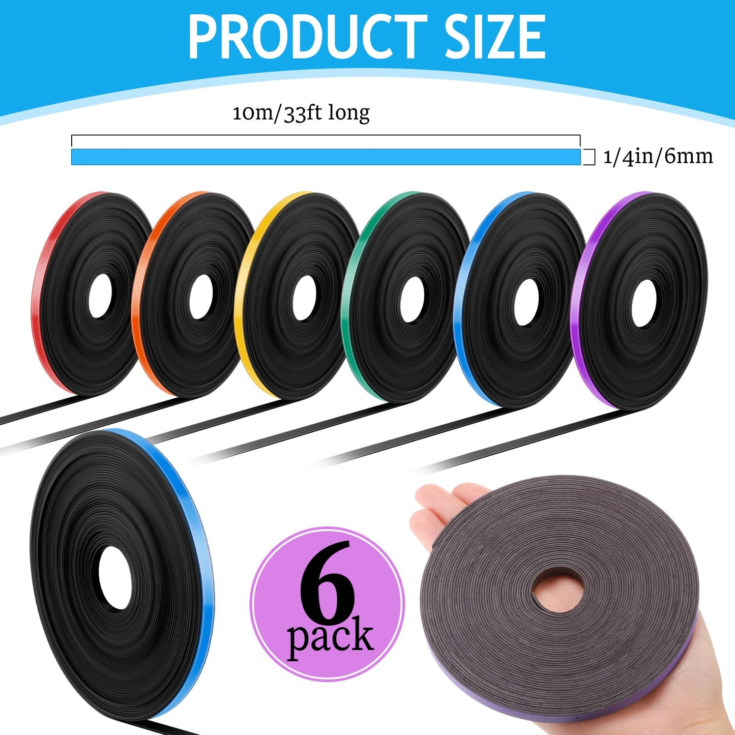 Tellegloww 6 Rolls 1/4" Magnetic Whiteboard Tape Set 33ft Magnetic Tape Roll Thin Strips Borders for Classroom Whiteboard with 48pcs Dry Erase Labels for Classroom School Office Home Students