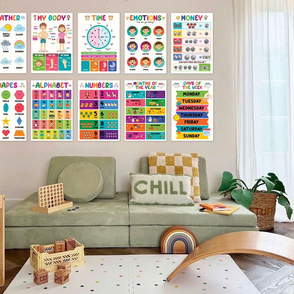 16pcs Colorful Educational Posters for 5-7 Toddlers, LAMINATED Math, Classroom Posters Preschool, Elementary Preschool, Toddler Learning Print, Preschool Posters for Toddlers, Learning Wall Prints