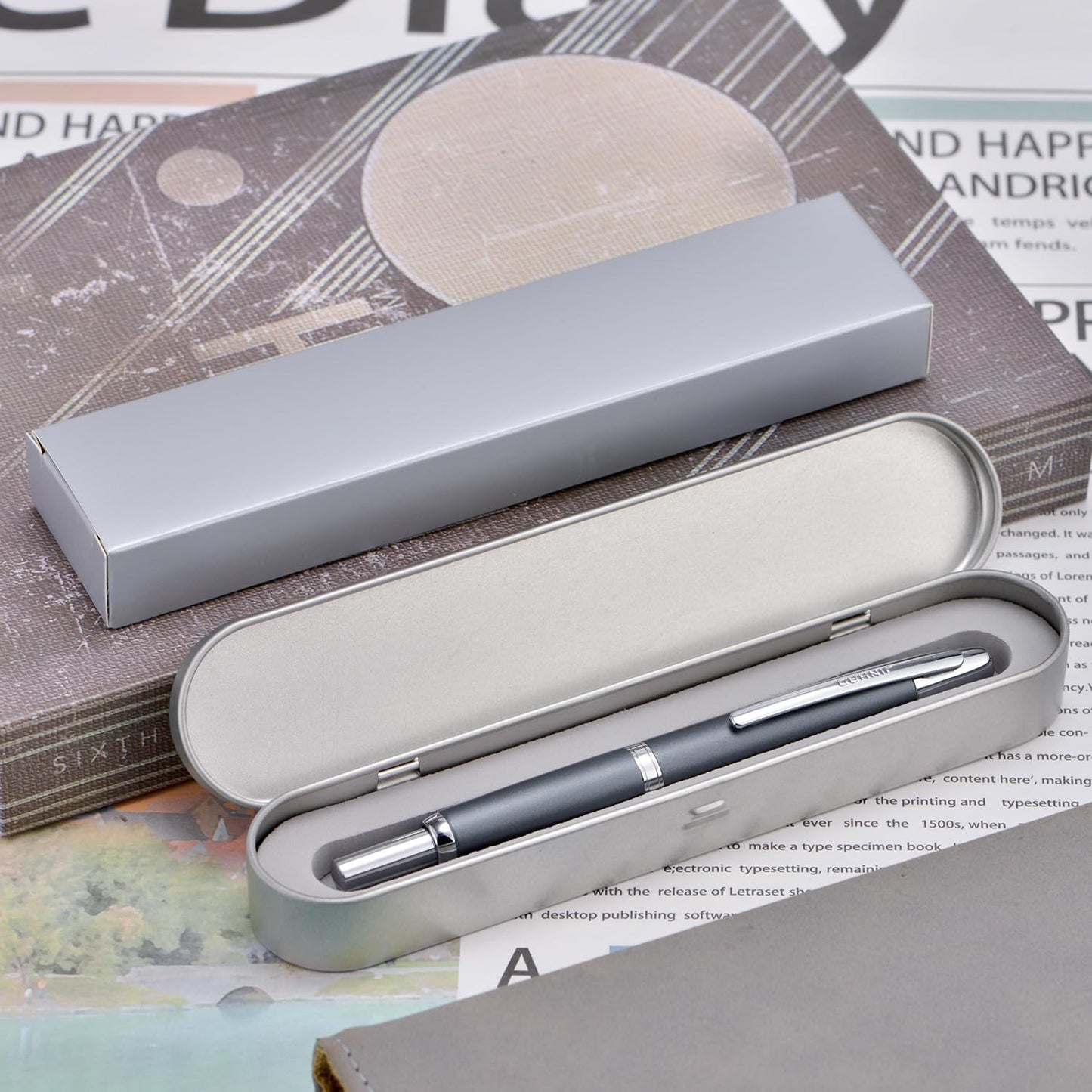 Jinhao 10 Press Fountain Pen with Box, Metal Gray Retractable Extra Fine Nib with Ink Converter Set (Silver Clip)