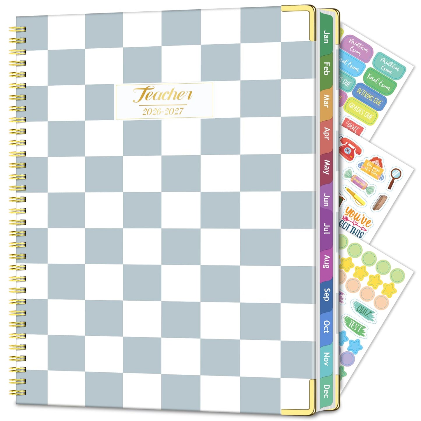 Teacher Planner 2026-2027, Jul 2026-Jun 2027 Academic Year, 8.5" x 11" Lesson Planner Book for Teacher Calendar, Spiral Bound Planners, Planning Stickers, Colorful Monthly Tabs, BlueCheckered