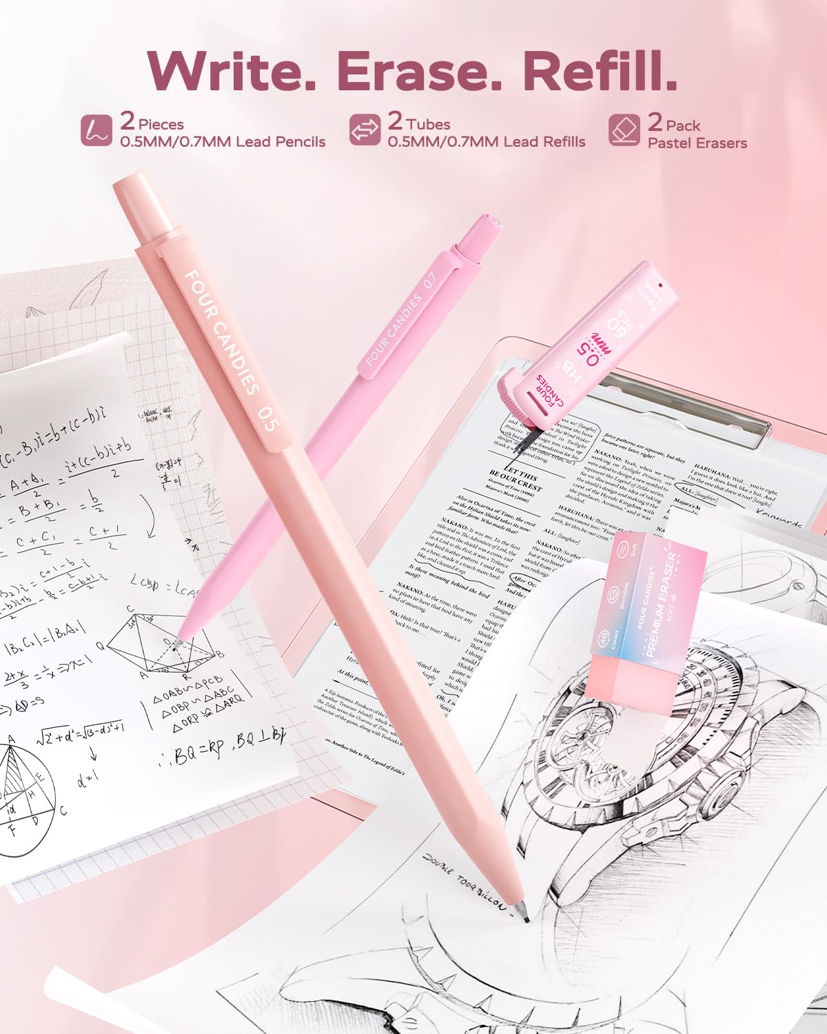 Four Candies Pink College Supplies and Nursing Essentials with Organizer, Gel Pens with Black Ink,Correction Tapes,Pastel Highlighters, Mechanical Pencils, Sticky Notes, Index Post