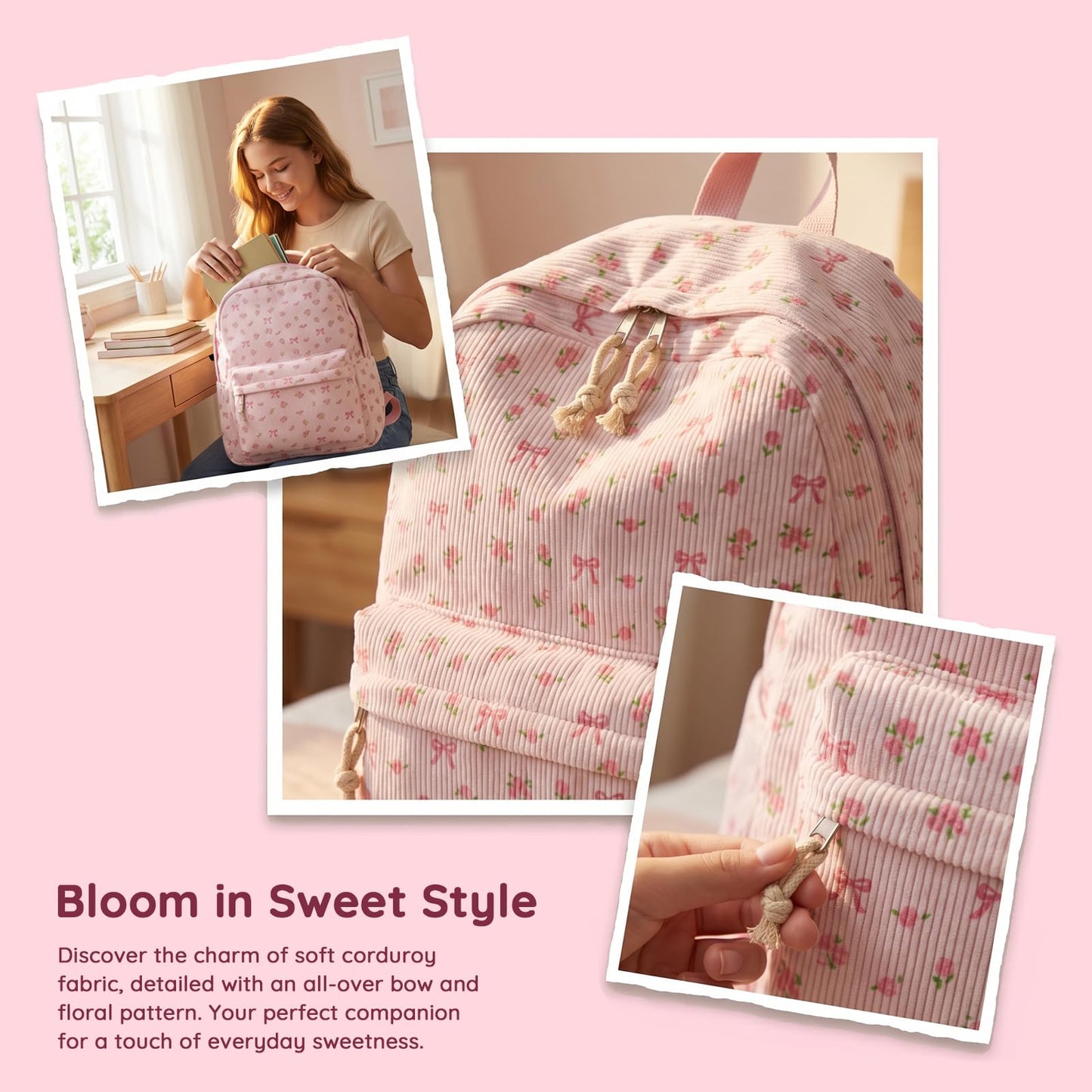 BTOOP School Backpack for Girls Teens Large Corduroy Bookbag Lightweight Casual High School College Backpacks 17 inch Laptop Travel Bag (Pink Bow Floral-1)